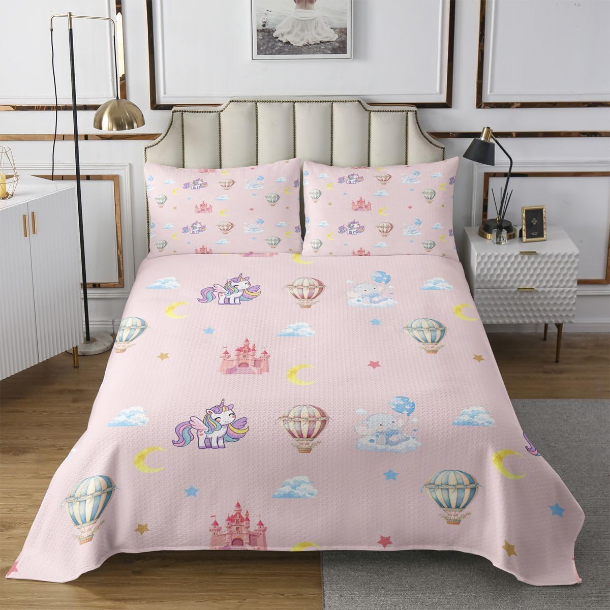 Homewish Cute Unicorn Bedspread Twin Size,Castle Hot Air Balloon Bedding Sets 2Pcs for Kids Girls Boys Room Decor,Cartoon Elephant Comforter Set Dreamy Pink Stars Cloud Quilt Coverlet,1 Pillowcase