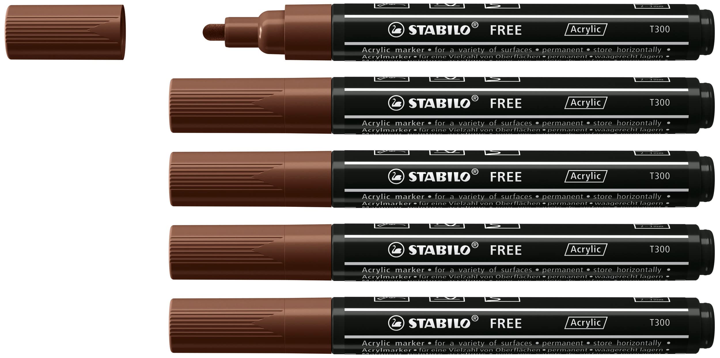 Marcador acrílico STABILO FREE Acrylic T300 - Punta redonda 2-3mm - Caja con 5 unidades color marrón