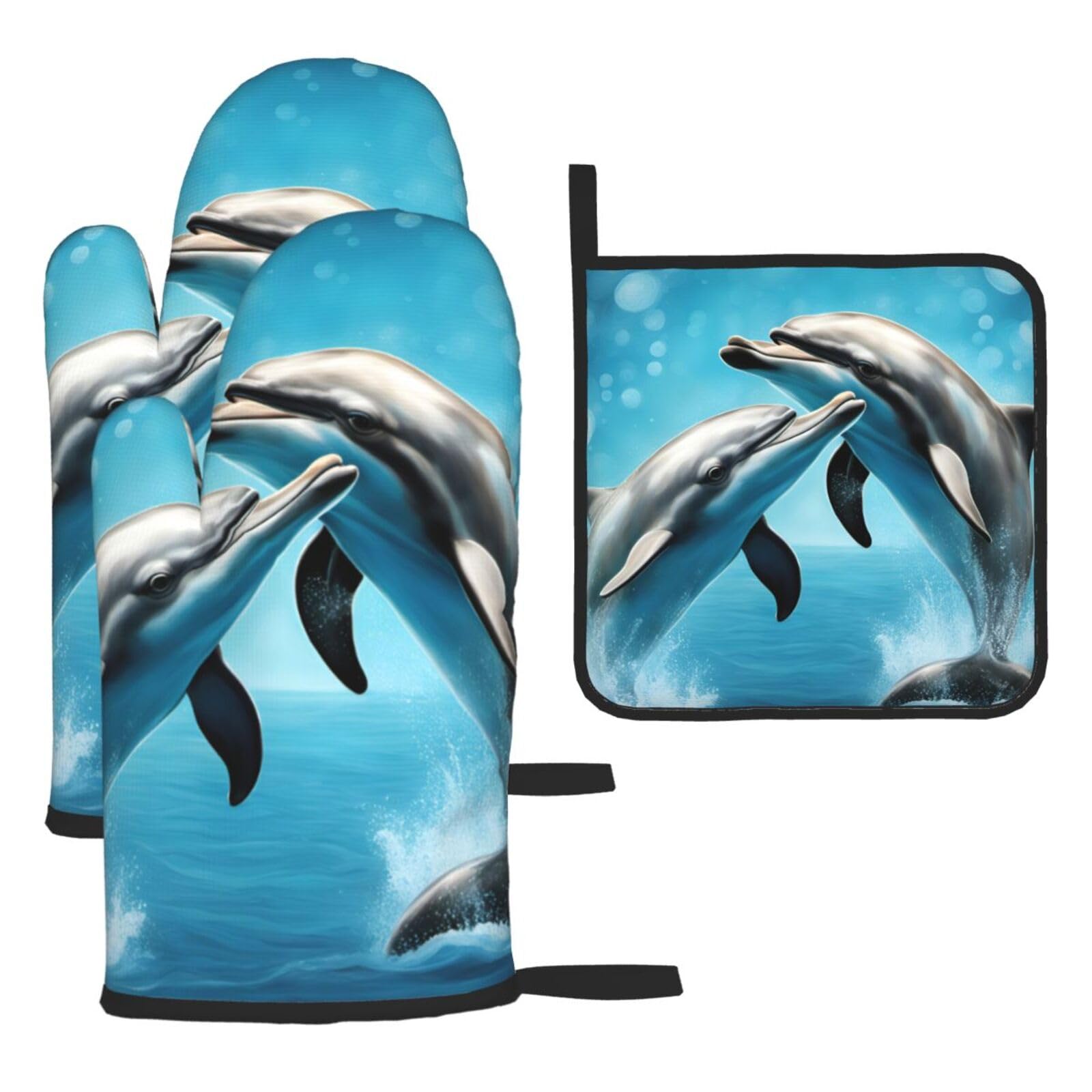 Dolphins In Love Print Oven Mitts Kitchen Gloves Set Everyday Baking Grilling Microwaving Cooking Gift