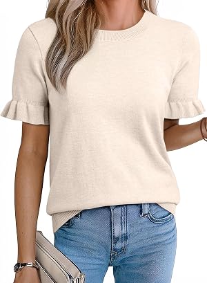 EVALESS Womens Short Puff Sleeve Knit Tops 2026 Trendy Crewneck T Shirts Casual Summer Clothes