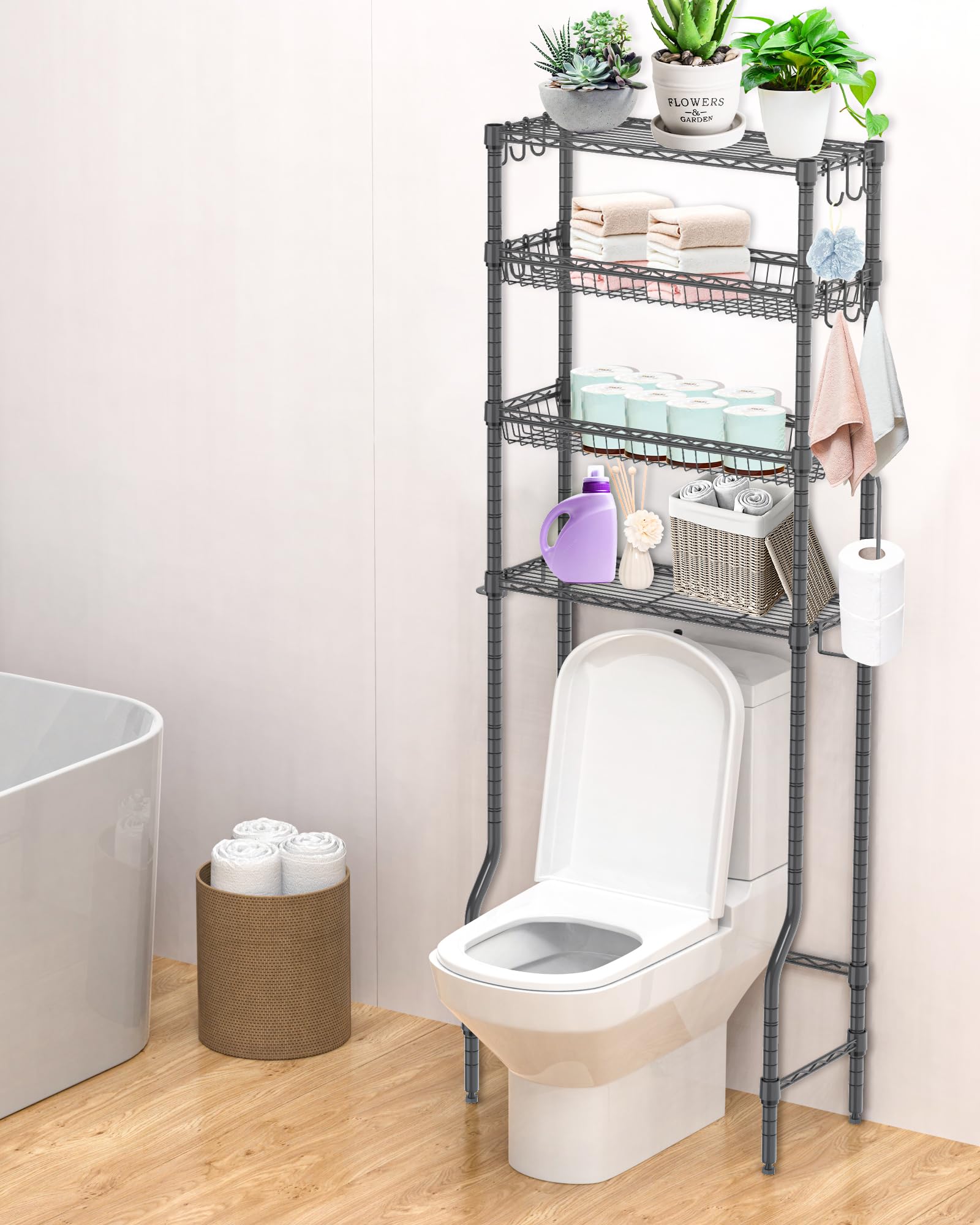 Folews Over The Toilet Storage, 4-Tier Over Toilet Shelf Organizer Metal Storage Rack Freestanding Bathroom Space Saver with Adjustable Shelves and Baskets, Gray