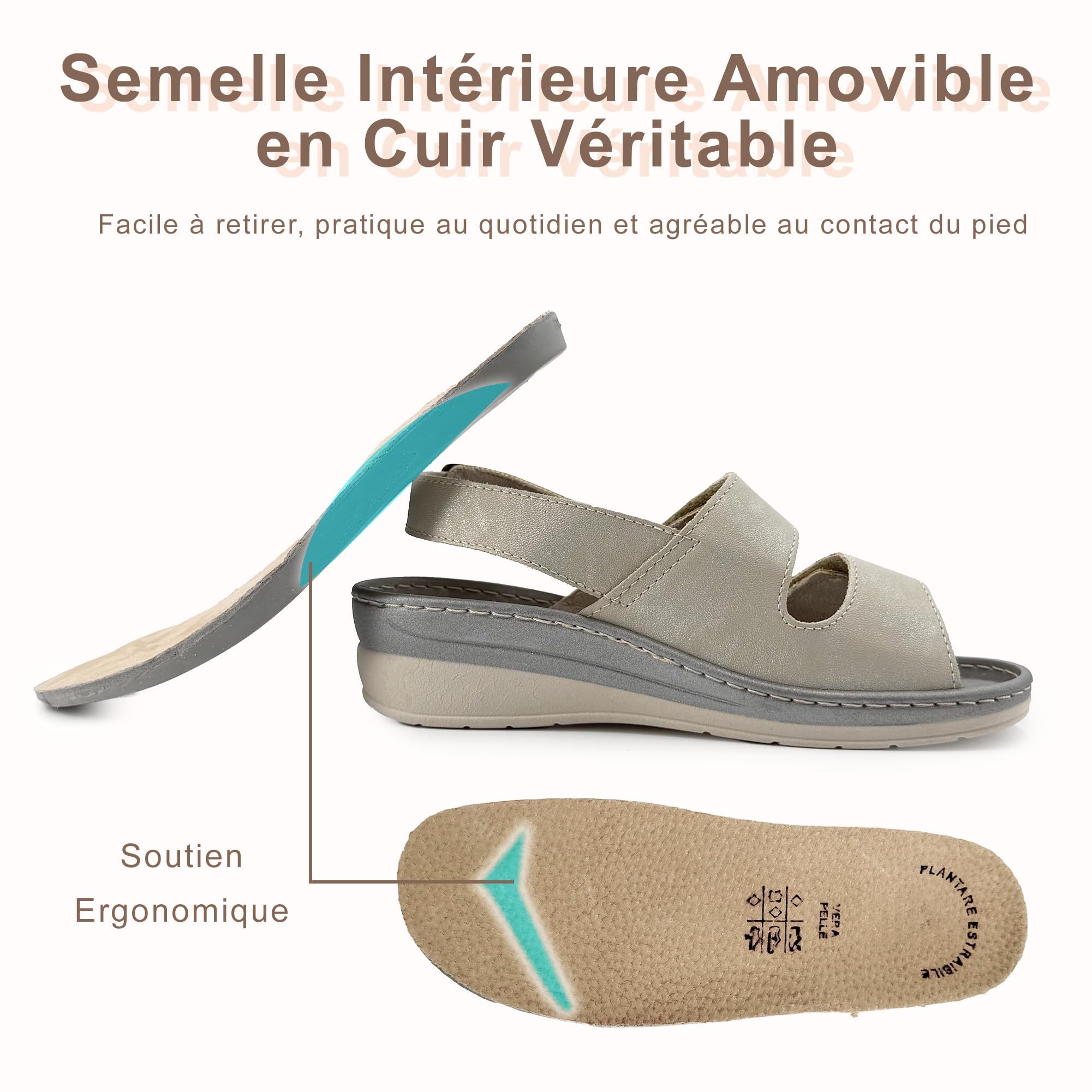 JOMIX Sandales Femme Confortables Orthopédiques à Scratch Compensées Réglables avec Boucle Semelle Amovible en Cuir Modèle Ergonomique Anatomique pour l’Été