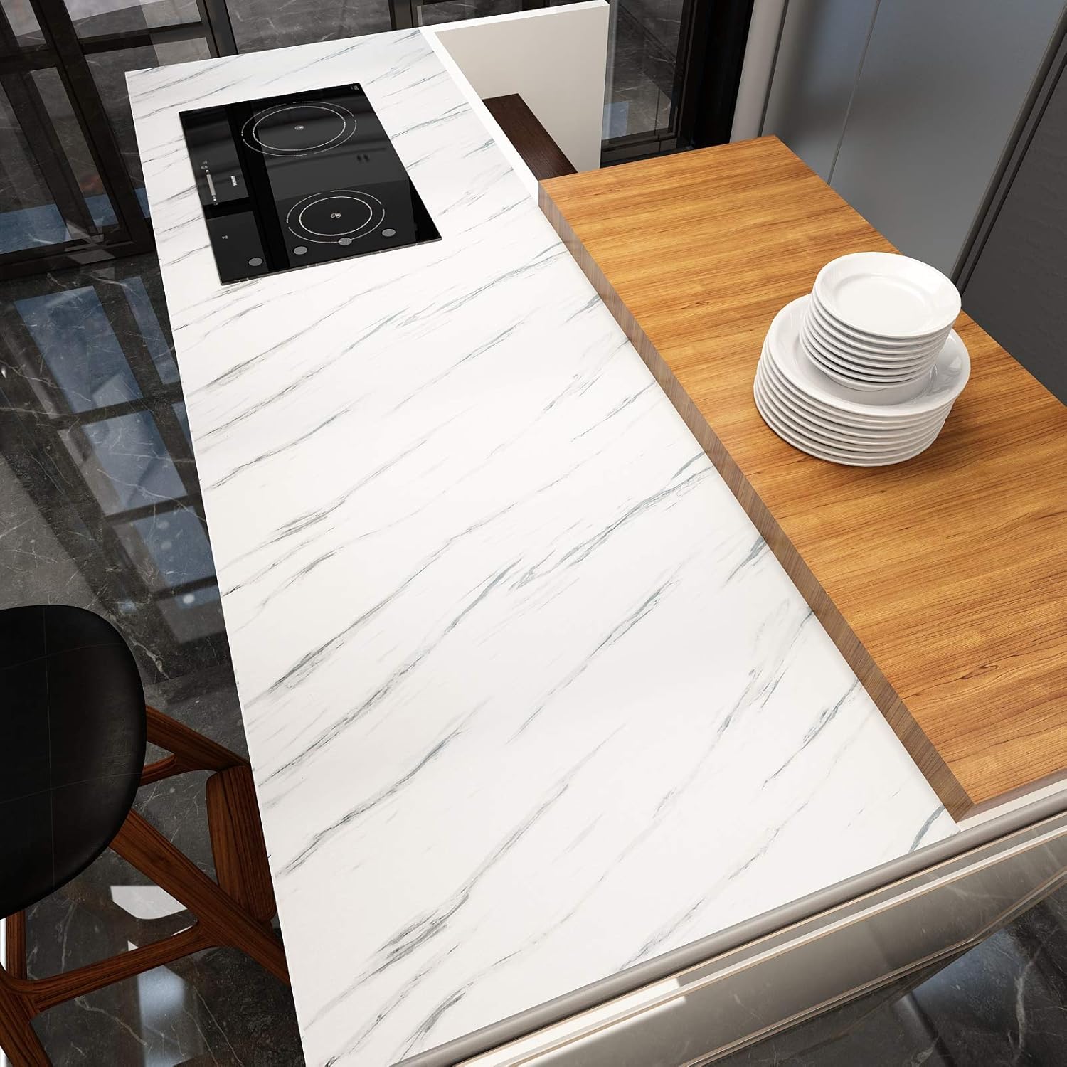 VEELIKE Glossy White Grey Marble Countertop Contact Paper 32''x354'' Wide Marble Wallpaper Peel and Stick for Kitchen Countertops Waterproof Removable Counter Top Covers for Bathroom Furniture Walls