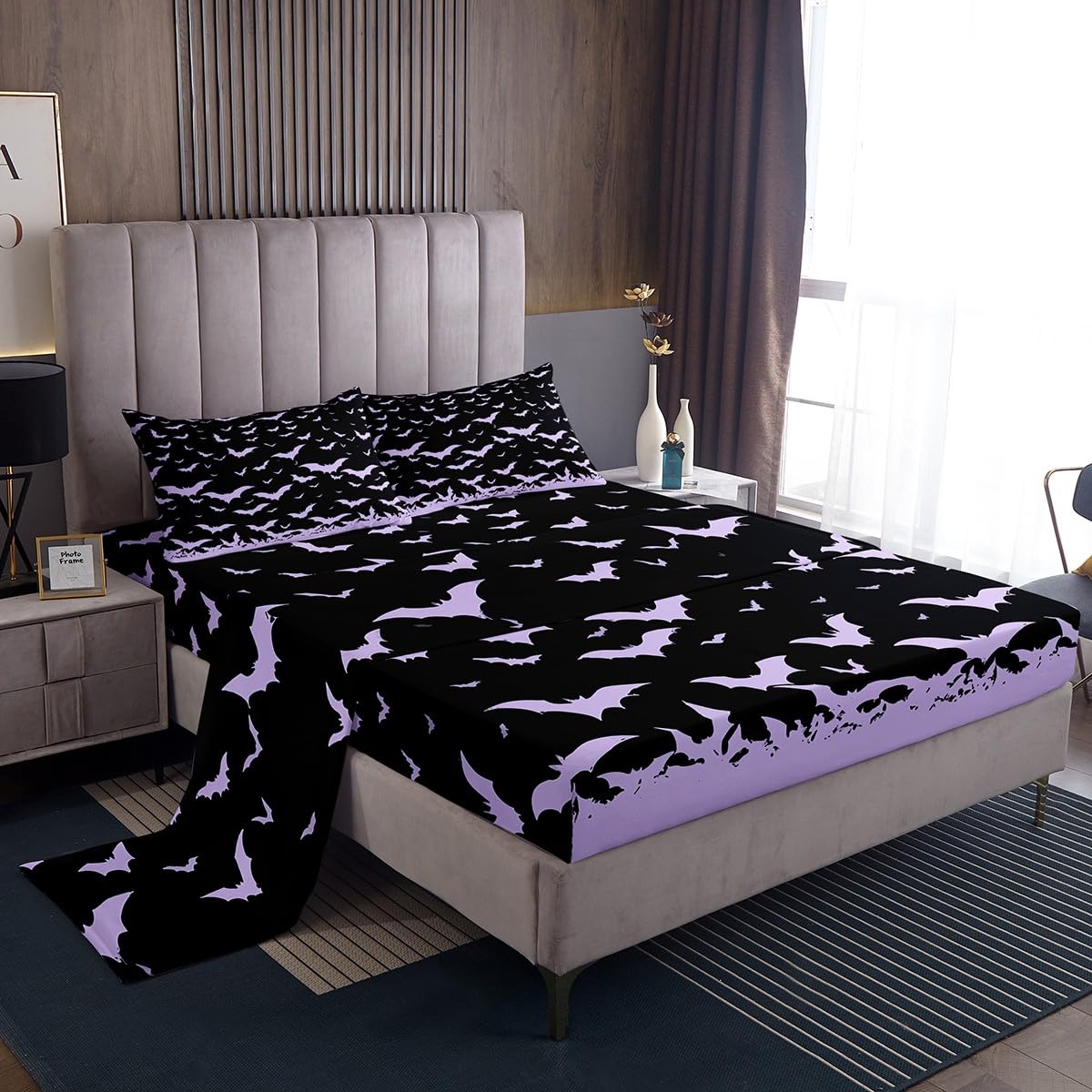Feelyou Bats Animal Print Bed Sheets Set Boys Girls Full Size Happy Halloween Sheet Set for Kids Women