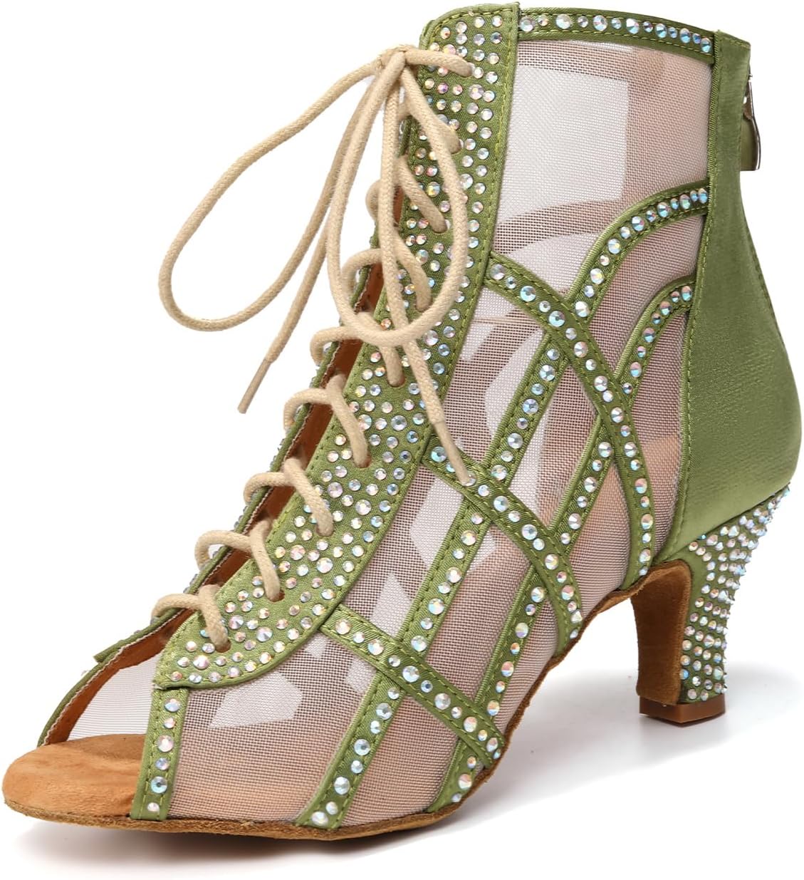 JUODVMP Dance Boots for Women Mesh Latin Salsa Short Sparkling Jazz High Heel Boots