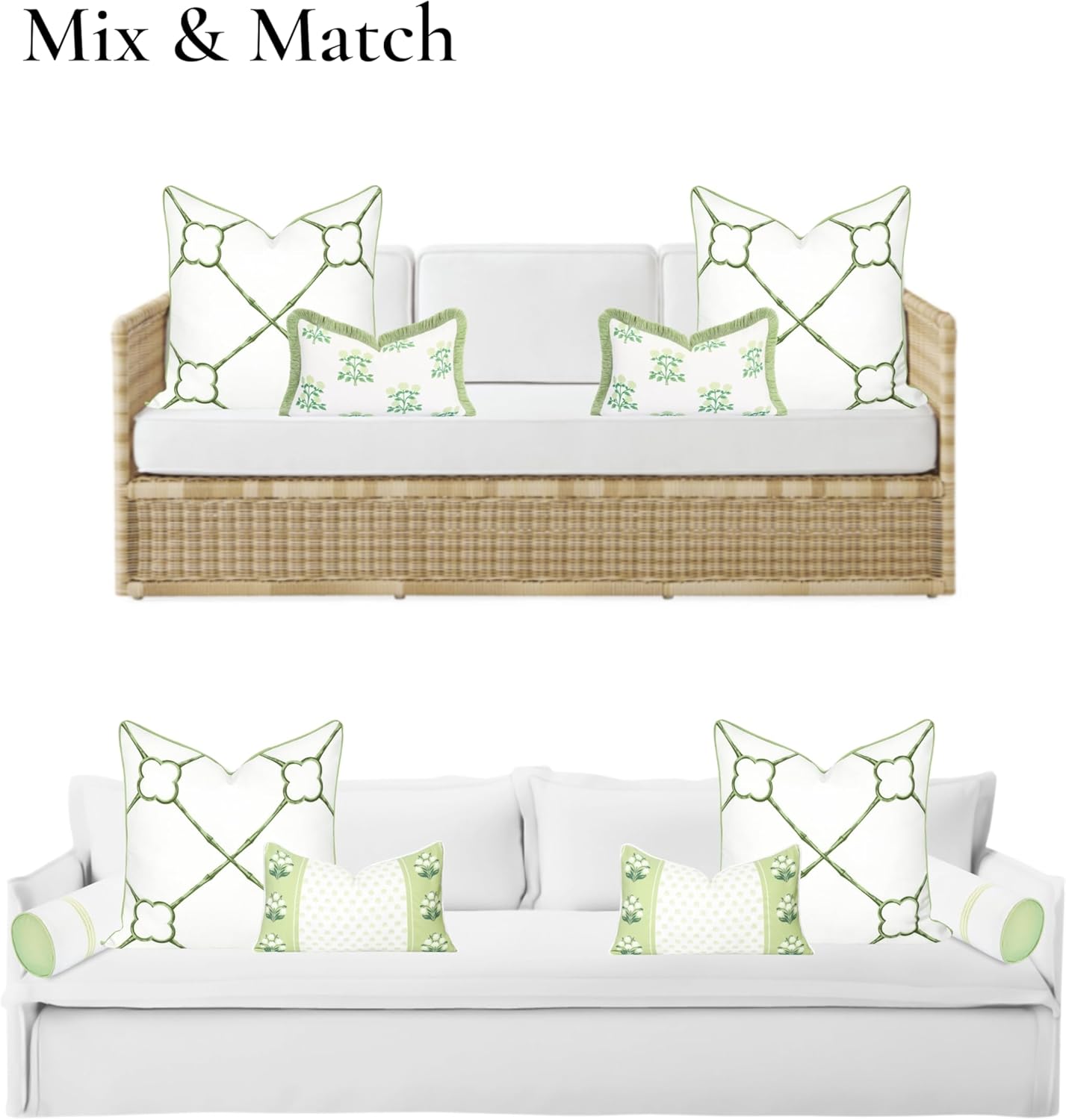 Hofdeco Premium Grandmillennial Coastal Hampton Patio Indoor Outdoor Throw Pillow Cover Only, 22"x22" Water Repellent for Backyard, Couch, Poolside, Grass Green Print Bamboo Trellis