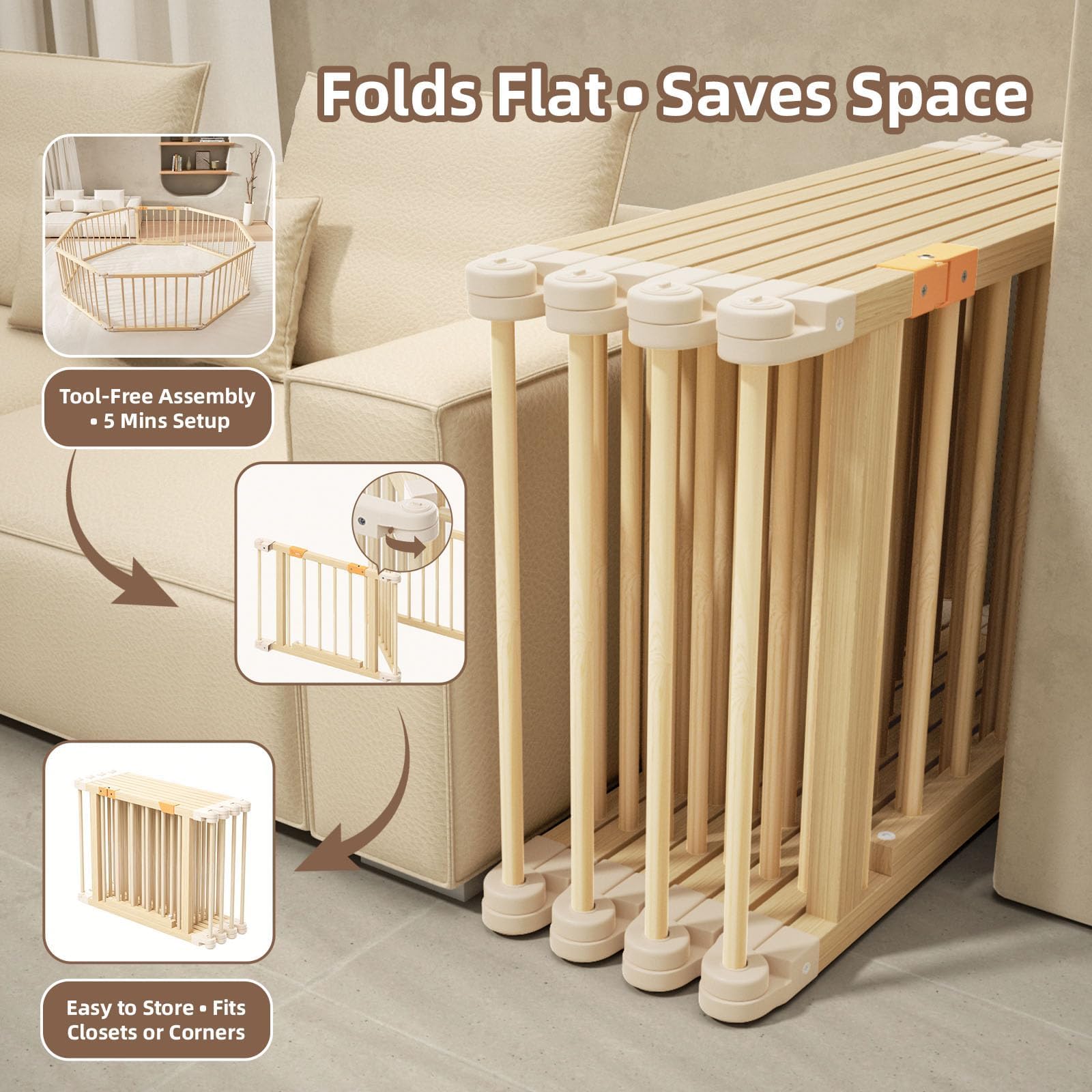 Baby Playpen, Wooden Playpen For Babies and Toddlers, Foldable Play Yard with Gate, 8 Panels Baby Fence, Indoor Play Area, Child Activity Center — view 6