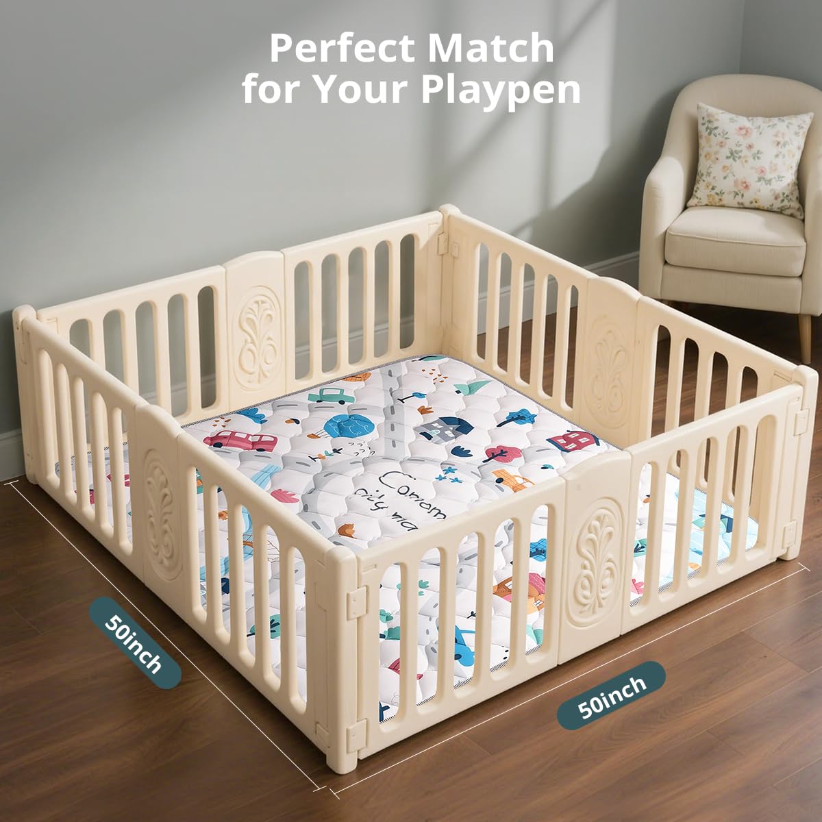 COMOMY Tappeto Gioco Bambini 127x127 cm, Pieghevole e Lavabile - Tappetone Neonato Morbido Trapuntato con Fondo Antiscivolo per Gattonamento, per Box, Grigio-Bianco