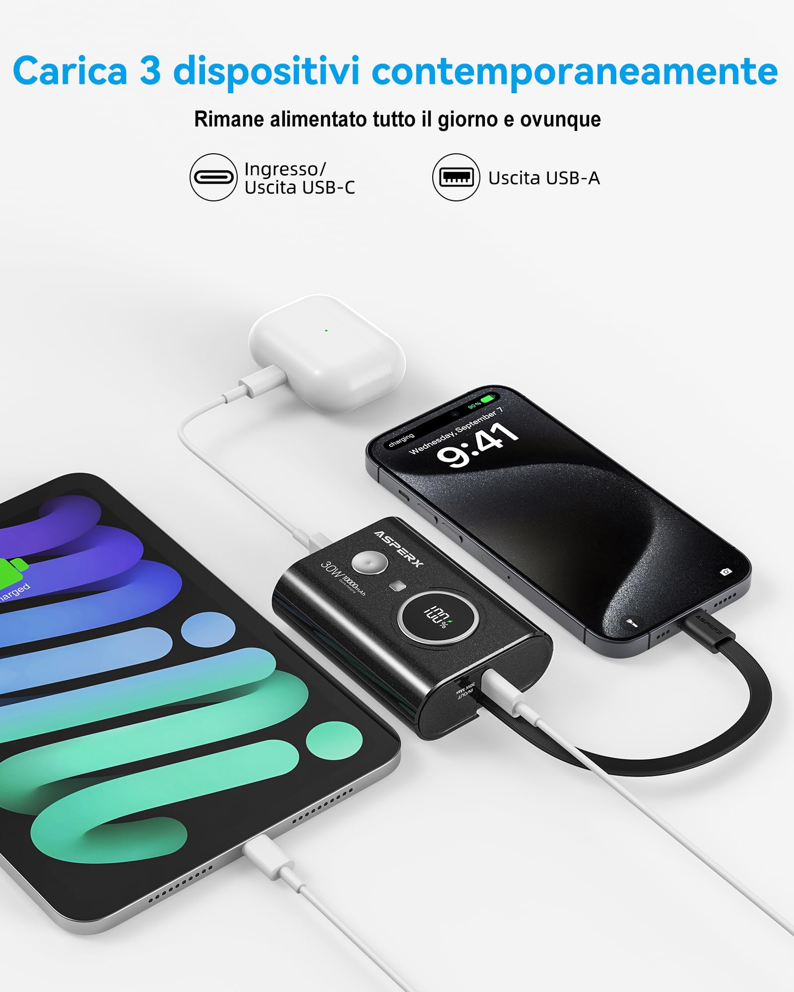 AsperX Power Bank, 10000mAh 30W Caricatore Portatile Ricarica Rapida, Powerbank con cavo USB-C integrato, 2 porte USB-C, 1 porta USB-A, compatibile con 15/14, Galaxy, iPad, AirPods, Nero