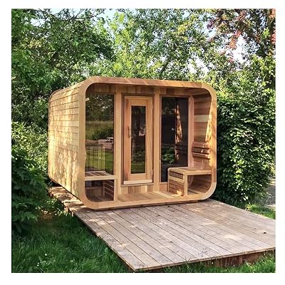 TaTalife Customize Square Barrel Outdoor Sauna Room, Traditional Wooden Steam Saunas, 220V HARVIA Electric Stove or Wood Burning Stove, 4-8 Person Canadian Red Cedar Wooden Sauna Kit (0-195 °F)