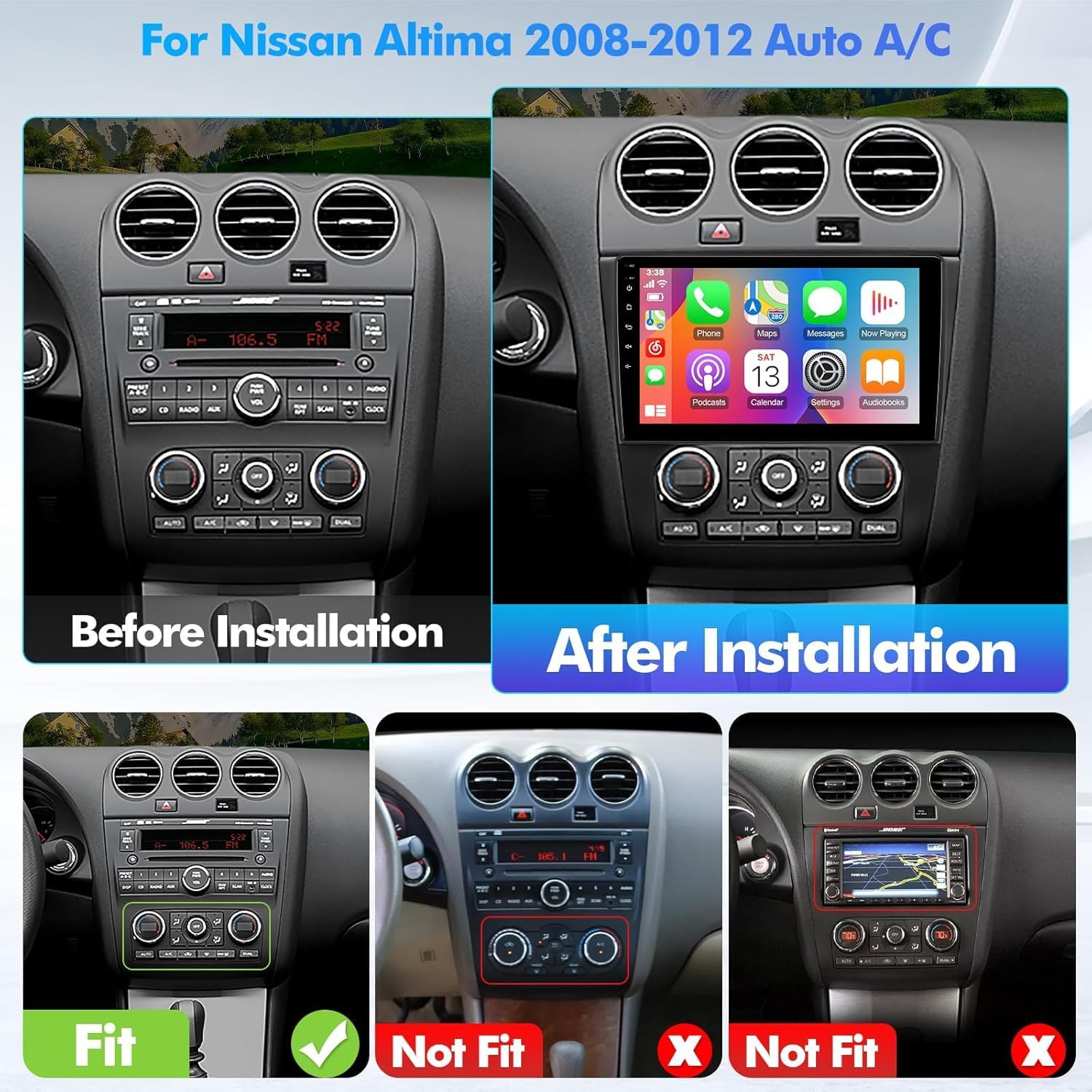 2+64g android 14 double din car stereo for nissan altima 2008-2012 (auto a/c) with 9 inch touchscreen radio built-in wireless carplay/android auto/gps/bluetooth/fm/aux-in/swc/backup camera