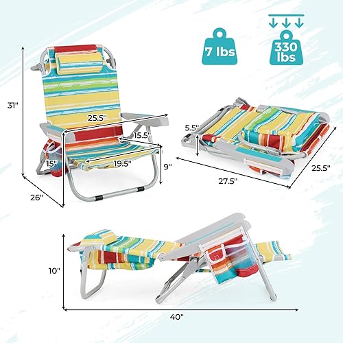Miniatura 3 de Giantex Silla de playa tipo mochila, silla de camping plegable con 5 posiciones ajustables, soporte para tazas, bolsillos de almacenamiento,
