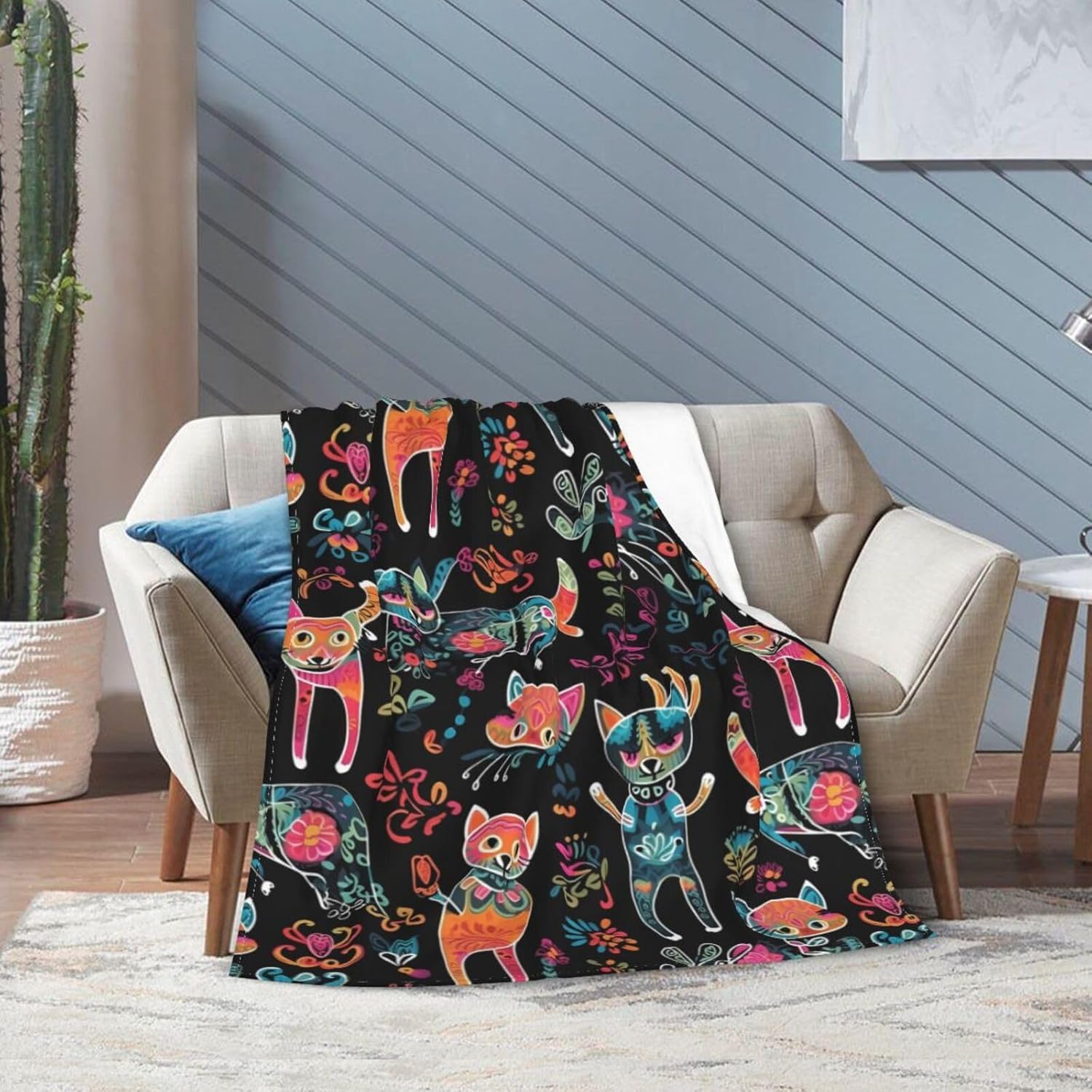 Ouqiuwa Day of The Dead Cat Kitten Sugar Skull Throw Blanket Plush Microfiber Flannel Fleece Blanket 80"X60" for Bed Sofa Couch Camping Travel