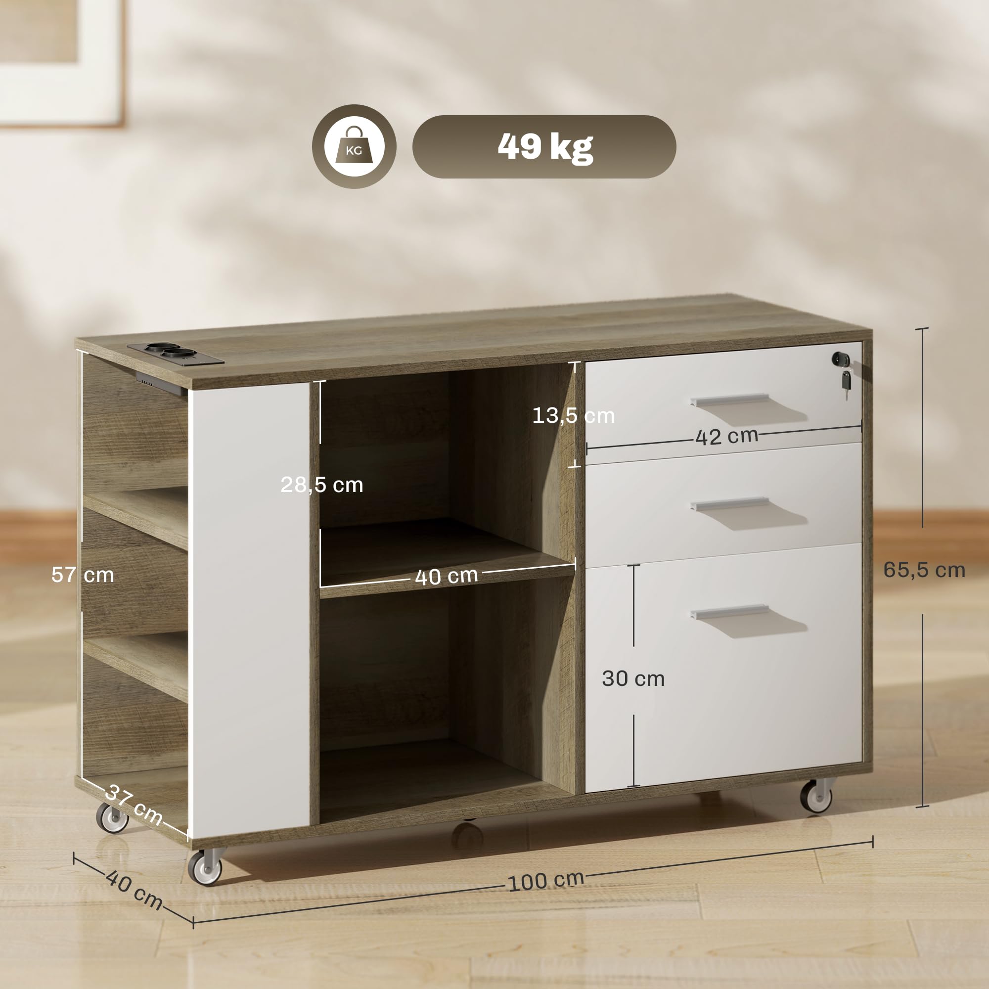 HOMCOM Cajonera de Oficina con Estación de Carga, Mueble Archivador con Ruedas, 3 Cajones, Barra Colgante, Cajonera para Escritorio con Cerradura, Estantes para Carta, A4, Legal, Marrón Grisáceo
