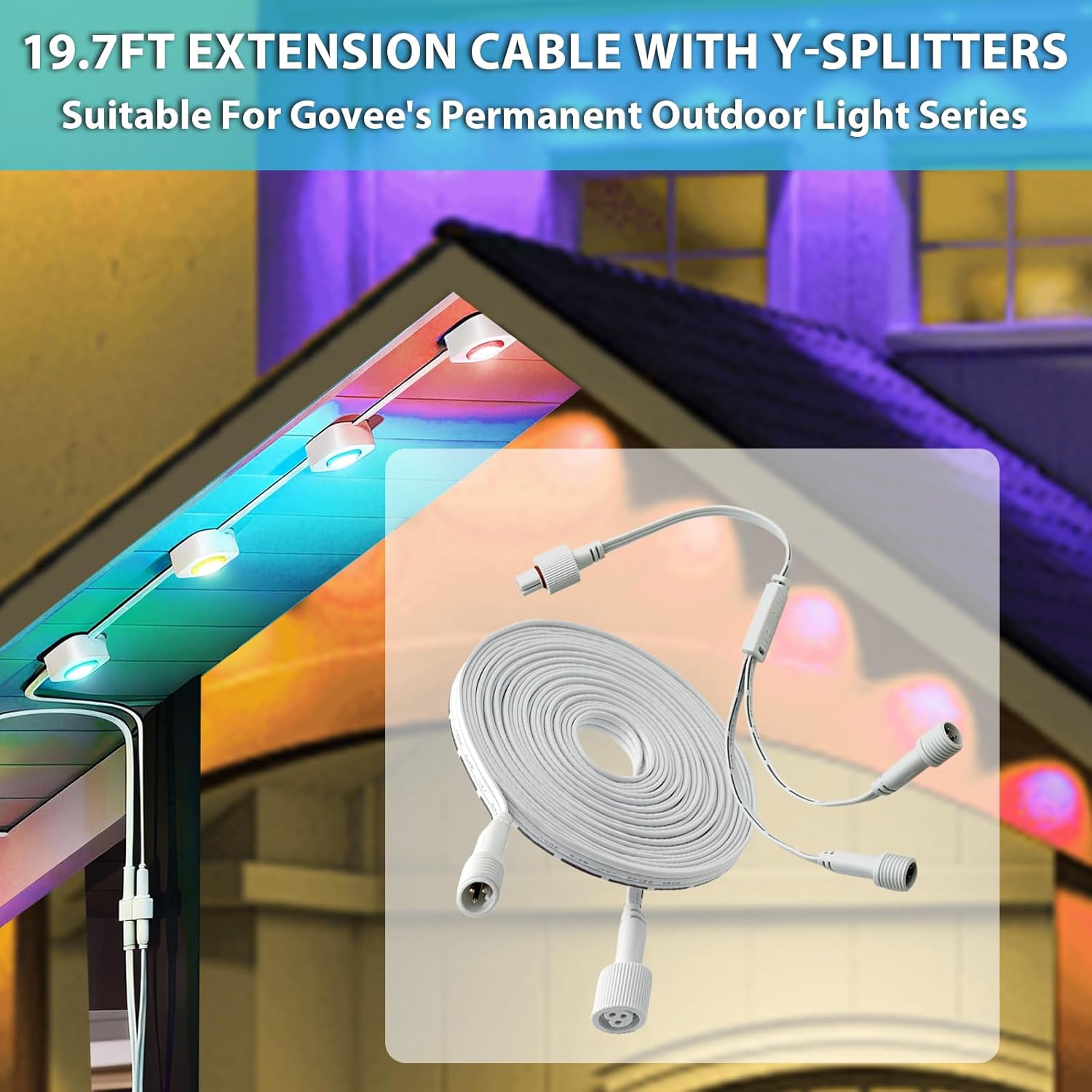 19.6FT﻿ Waterproof Extension Cable with 3-Pin Y-Shaped Splitter,Compatible with Govee Dots H705A/H705B/H705C/H706A Outdoor Lights,Weatherproof Cord for Permanent Garden/Patio/Exterior Lighting