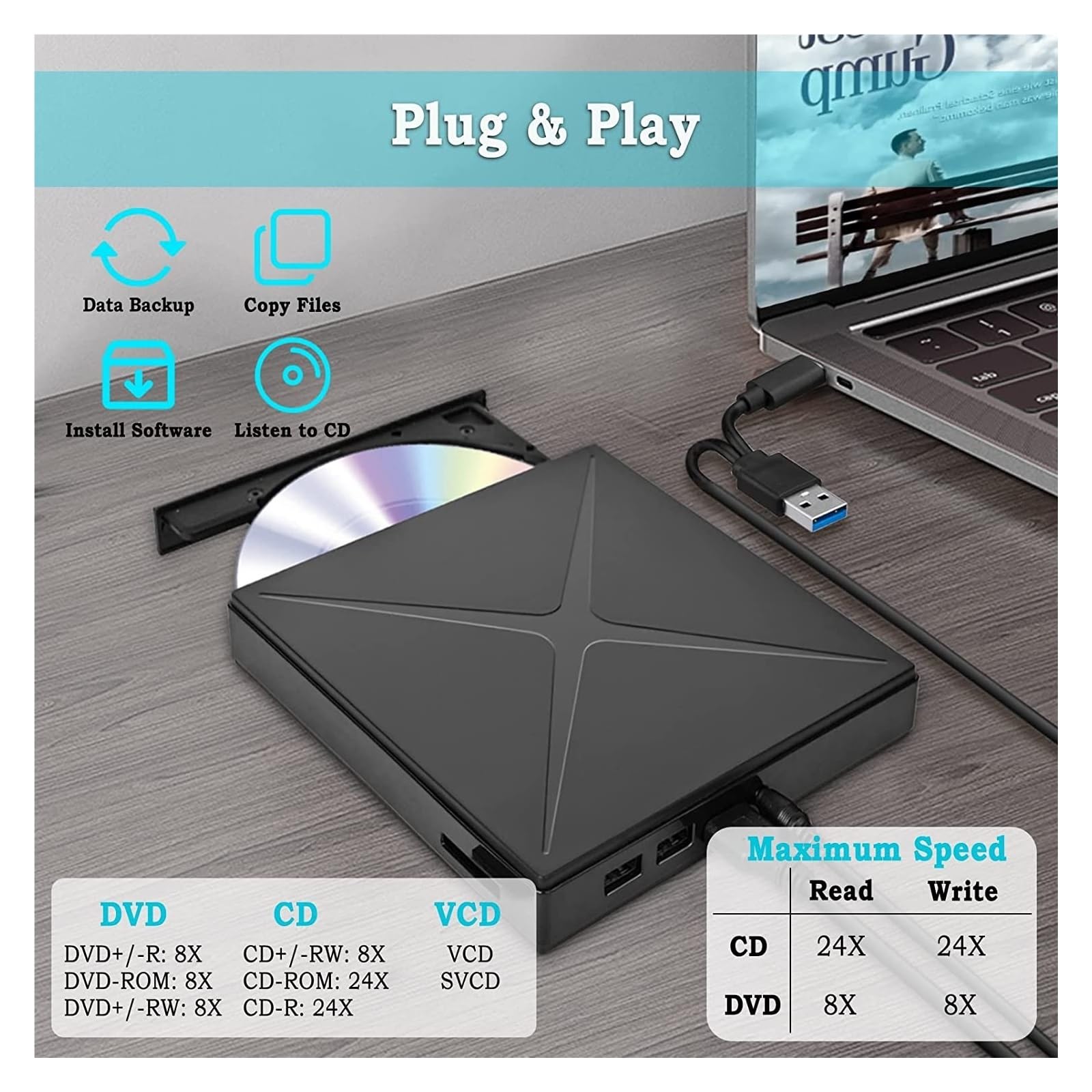 Lettore Dvd unità Ottica Esterna USB 3.0 unità CD Dvd +/ RW Portatile Lettore Dvd for Laptop Masterizzatore CD Rom con Porta USB Slot for Schede TF/SD