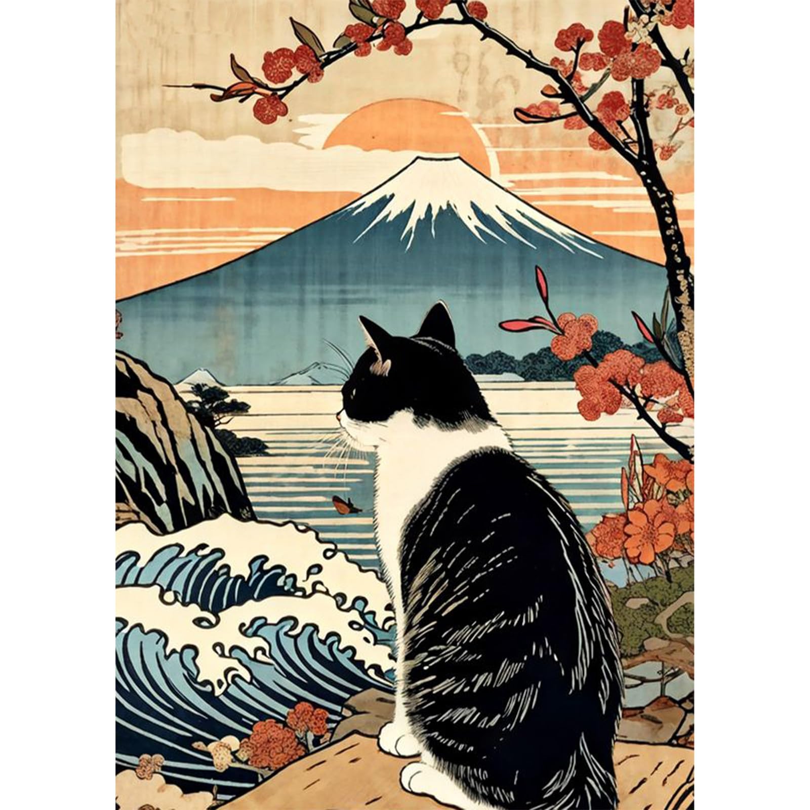 QENSPE 5D Diamond Painting Mount Fuji Landscape Diamond Art Kits for Adults, Round Full Drill Cat Diamond Painting Kit with Tools, DIY Crystal Gem Art Craft for Home Wall Decor 12x16 inch