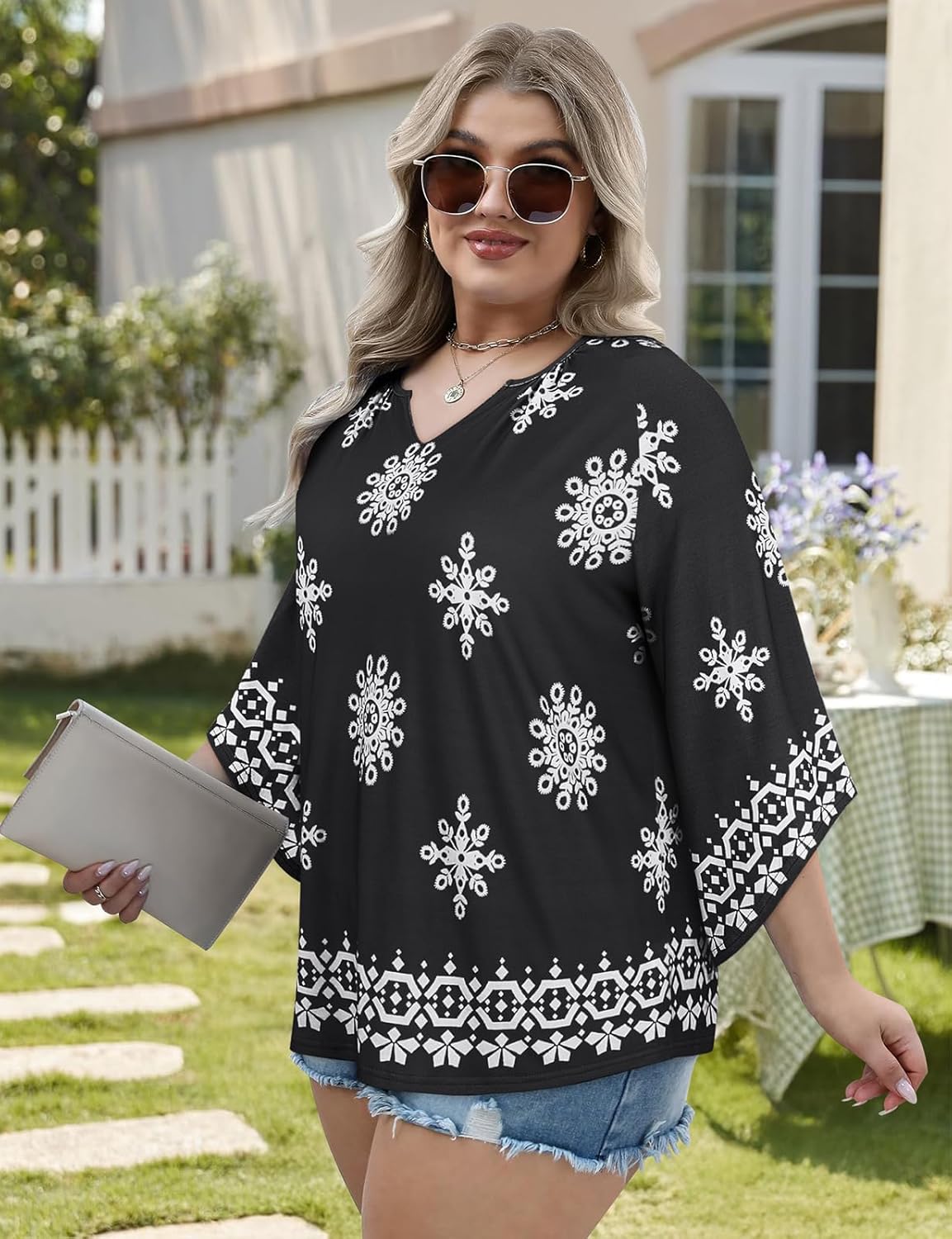 Koscacy Plus Size Tops for Women 3/4 Sleeve Shirts Casual V Neck Loose Fit Blouse - Image 3