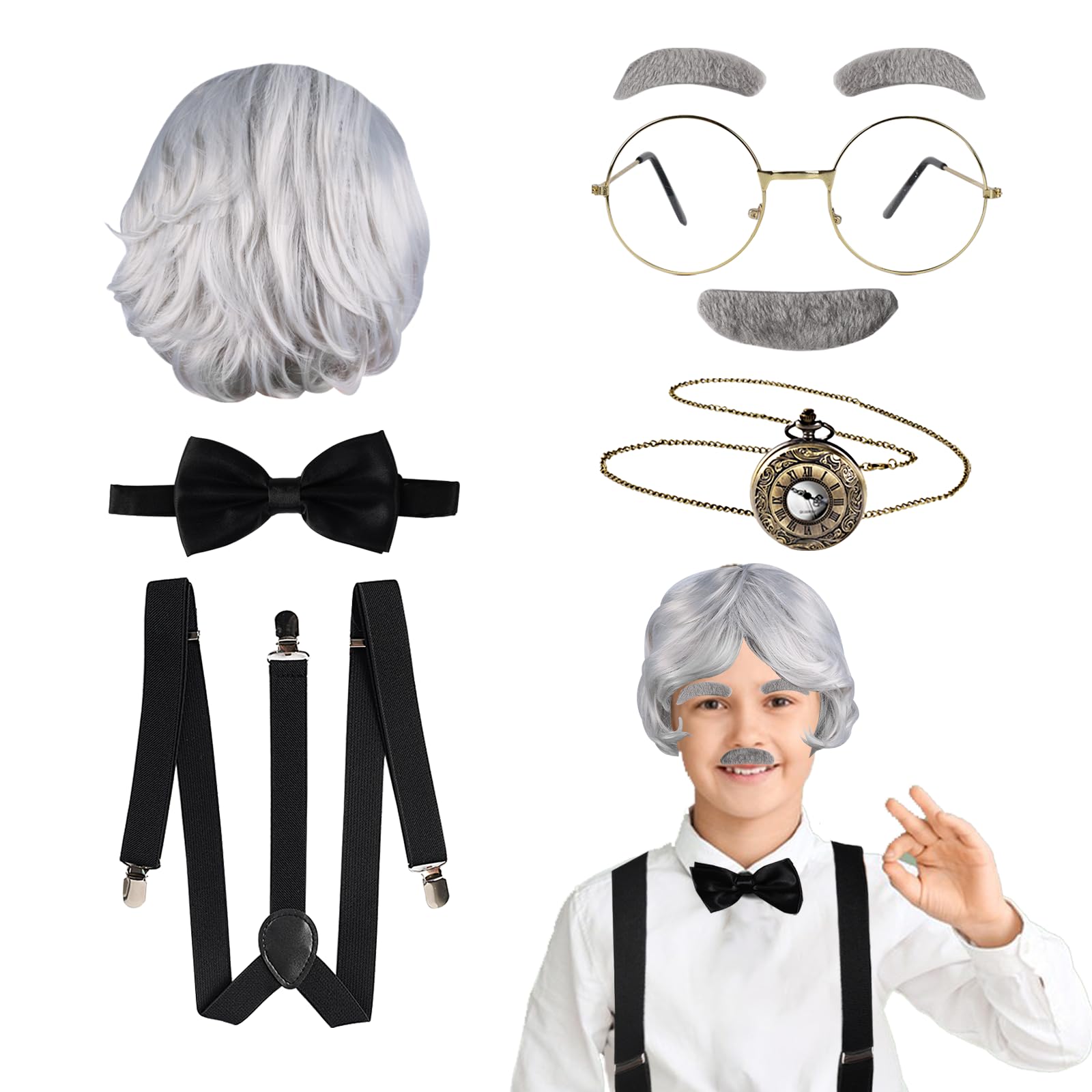 Fraiieon 1920s Old Man Costume Set for Kids 100th Day of School Grandpa Cosplay Accessories Wig Glasses Bow