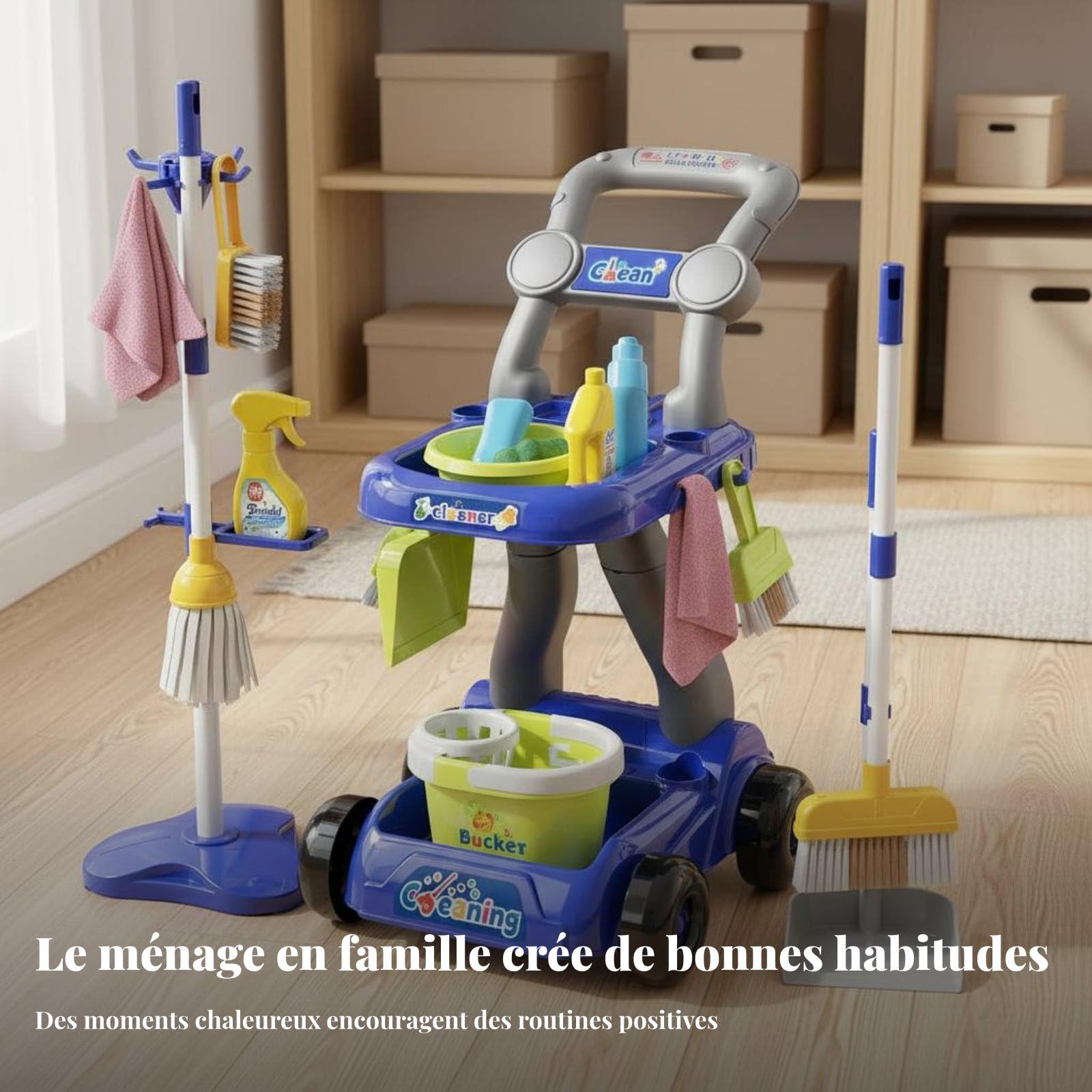 Colcolo Ensemble de Nettoyage pour Enfants Kit de Ménage Jouet avec Support Balai Serpillière Seau Accessoires de Nettoyage Plastique Sécurisé Apprentissage , Bleu , Set Trolley 18pcs