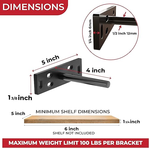 Miniatura 2 de Juego de 4 soportes flotantes resistentes (placa base de 14 de pulgada de grosor), pintado negro de acero suave, soporte para estantes de pared