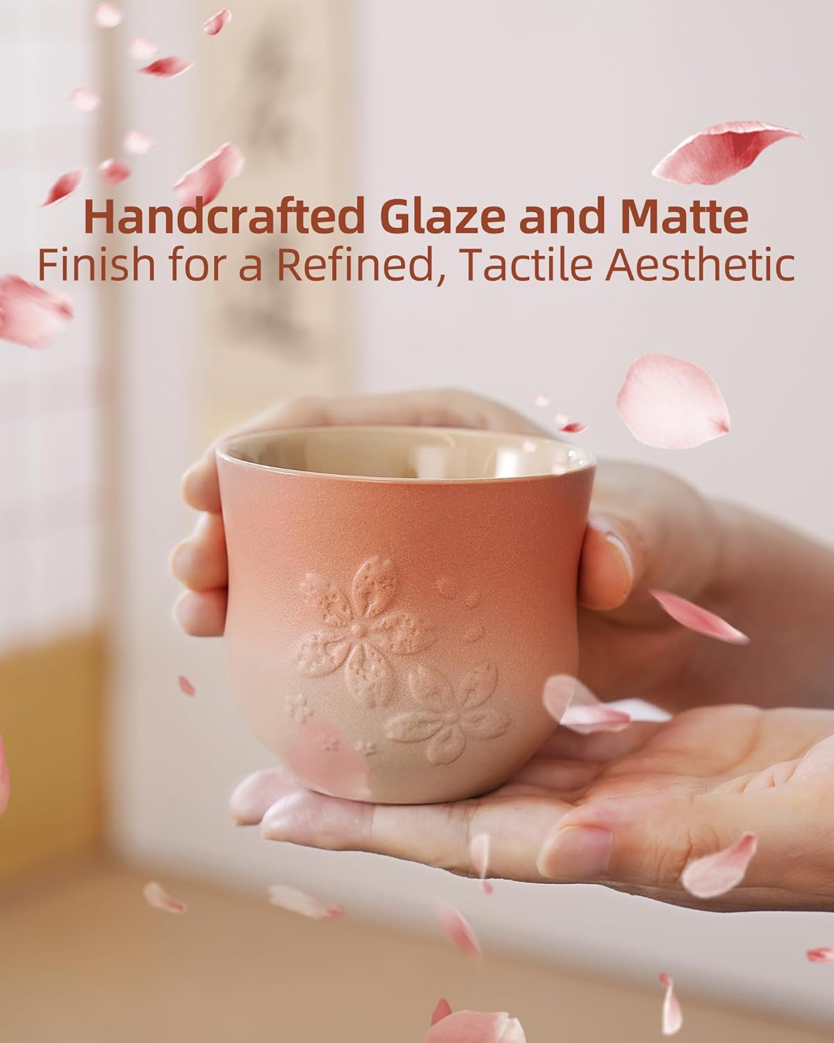 ZENS Japanese Tea Cups Set of 4 – 210ml Ceramic Handleless Tea Cups, Embossed Design, Traditional Japanese Style Cups for Matcha Tea, Hot Tea, Espresso, Pink