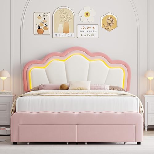 Miniatura 3 de HOSTACK Base de cama LED tapizada tamaño Queen con cajones de almacenamiento, bonita cama para niñas con cabecera de loto ajustable, marco de cama