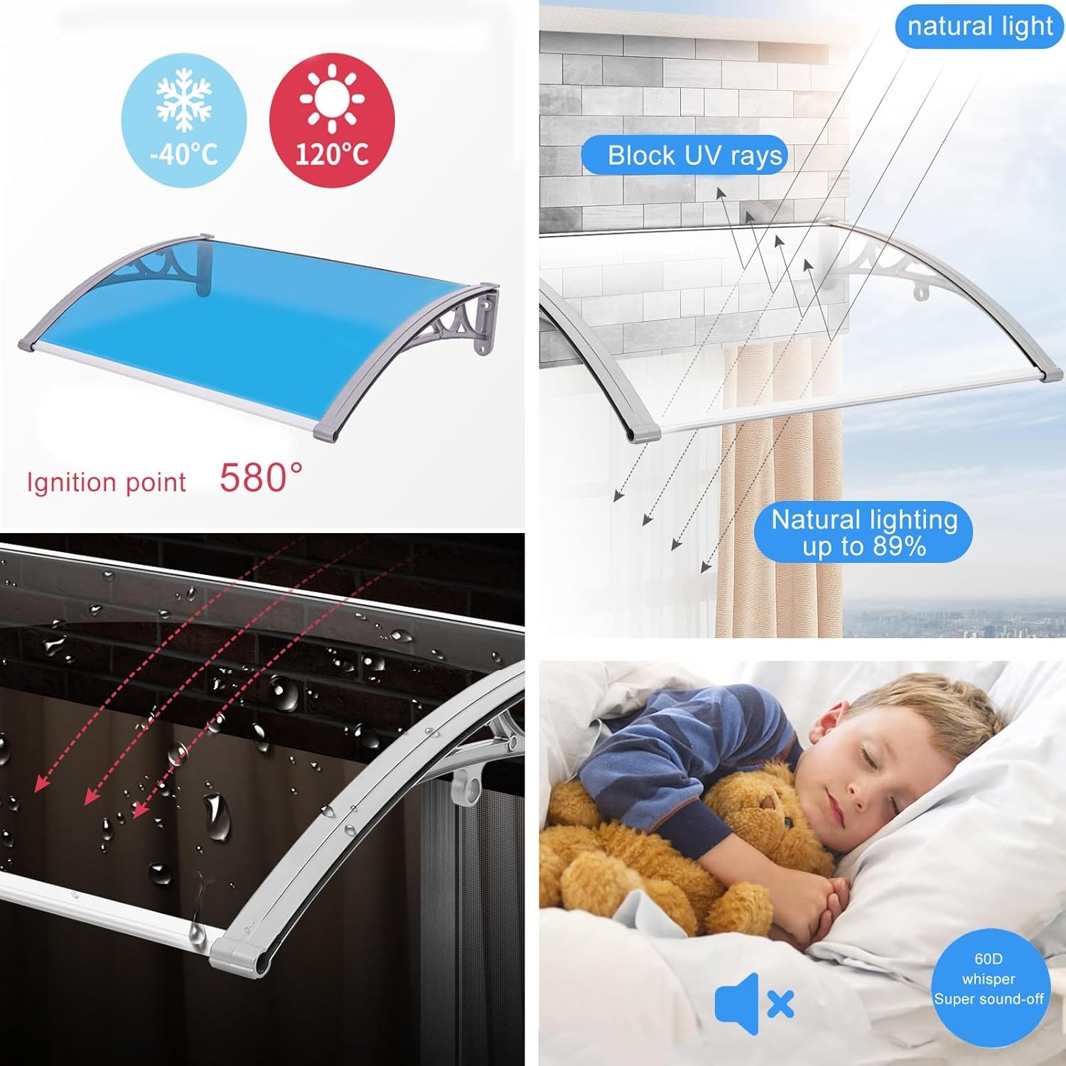 Door Window Awning,Outdoor Patio Canopy,Front Door Canopy,Polycarbonate Cover Front,Outdoor Sun Shades for Uv, Rain, Snow Protection, Hollow Sheet for Window, Porch(60x80cm/23.6x31.4in)