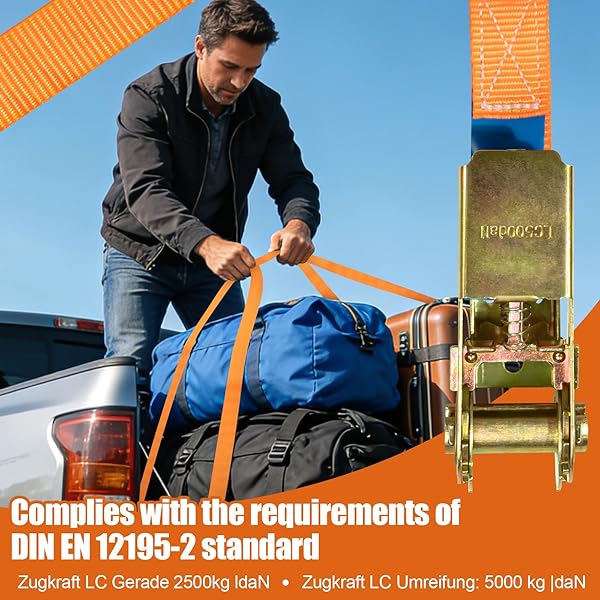 2 Stück Spanngurte mit Ratsche, 10m x 25mm Spanngurt J Haken, 1000kg Tragkraft Spanngurte, Duty für Motorräder, Auto, Anhänger, Ladungssicherung (Orange) - 4