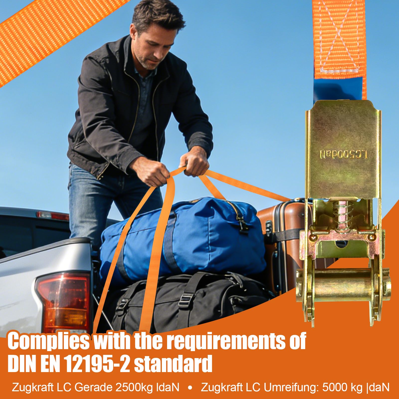 2 Stück Spanngurte mit Ratsche, 10m x 25mm Spanngurt J Haken, 1000kg Tragkraft Spanngurte, Duty für Motorräder, Auto, Anhänger, Ladungssicherung (Orange) - 5