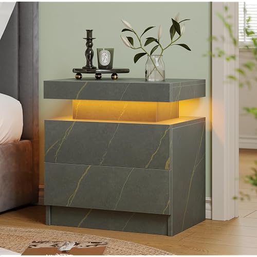 Modern Gray LED Nightstand for Bedroom Bedside Table with 2 Wood Drawers
