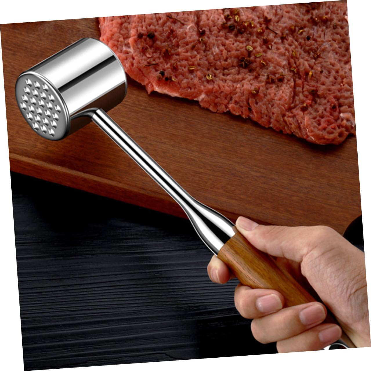 Stainless Steel Meat Hammer and Tenderizer 304 Stainless Mallet for Beef Steak with Hardwood Handle Dual-sided Meat Pounder for Home Kitchen Cooking and Random Color