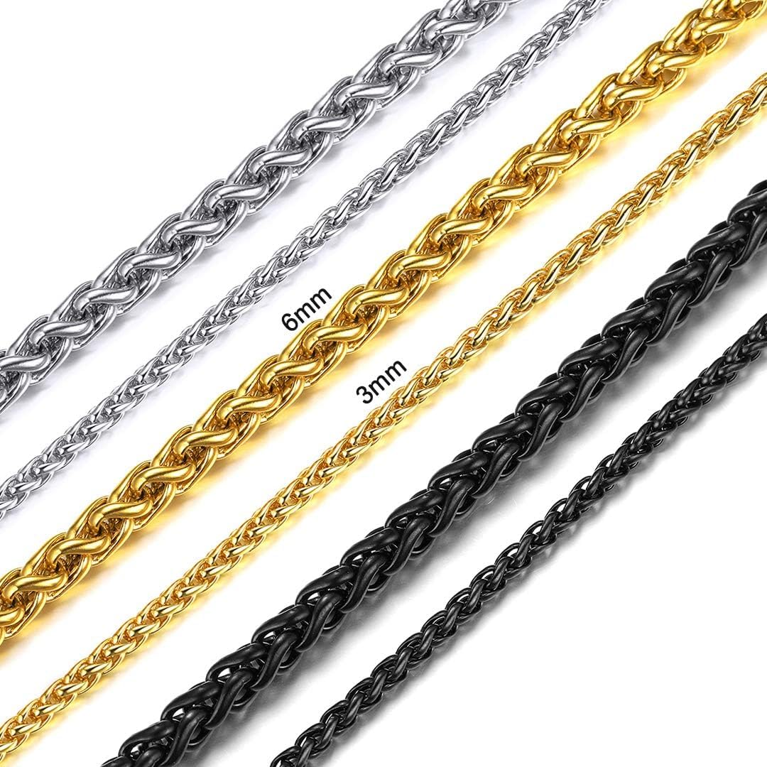 ChainsHouse Spiga Wheat/Box Chain Necklace for Men Women, Stainless Steel/Black/Gold Plated Chain Link, 3mm/6mm Width, Send Gift Box, 18"-32"
