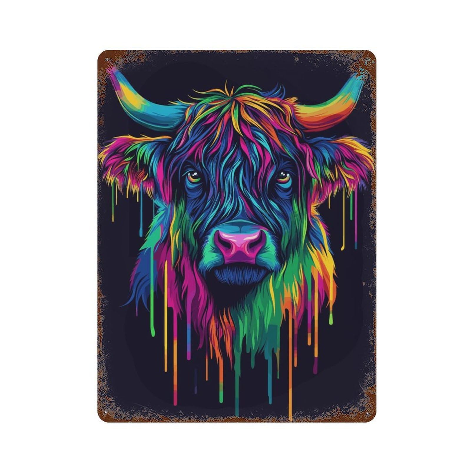 Rainbow Highland Cow Color 15.7"x11.8" Aged Metal Wall Plaque, Novelty Wall Decor for Shed, Workshop And Garage Wall Decor