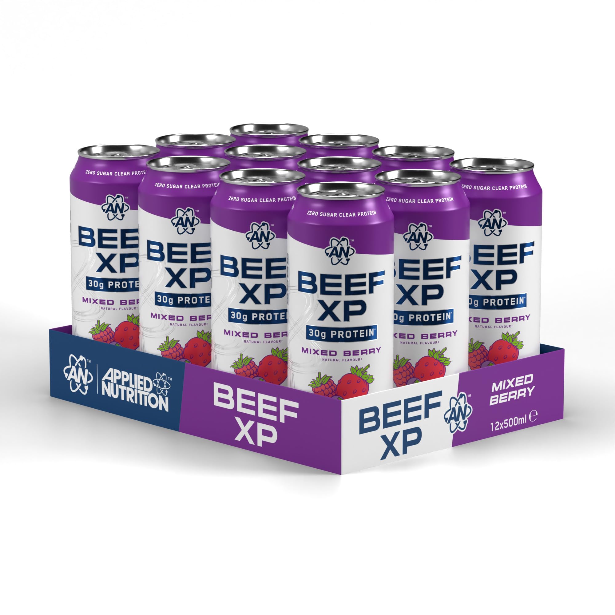 Applied Nutrition Beef-XP Can Drink 30g Clear Protein RTD, ZeroSugar Protein, carbonated protein drink, promotes muscle recovery (12-pack of 500ml cans) (Beerenmischung)