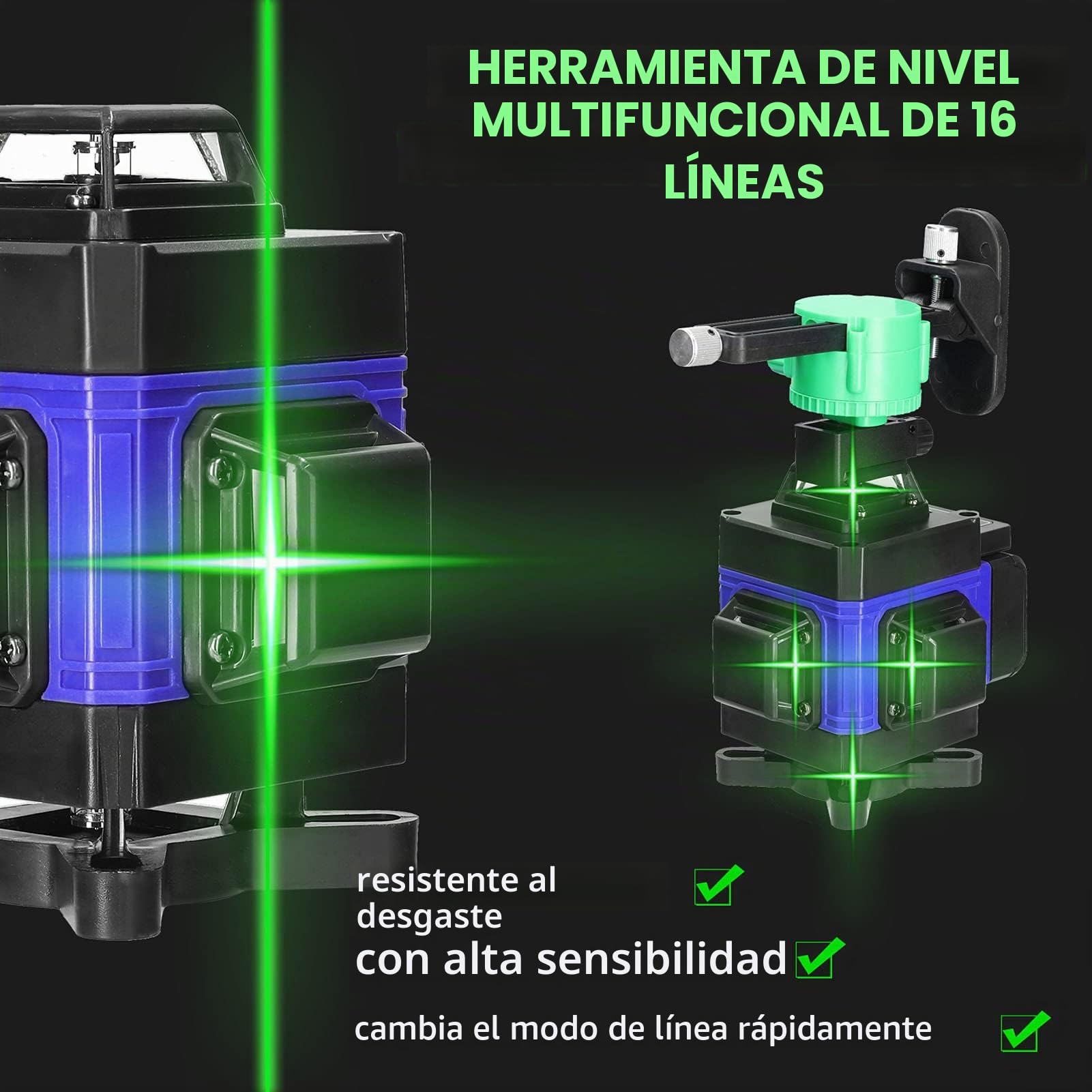 Geevorks Nivel Láser Autonivelante 3°,4D 16 Líneas Laser Nivel Verde 2 Batería Recargable,Base de Rotación y Soporte Montado,Control Remoto y Control Móvil (Azul, con Trípode)