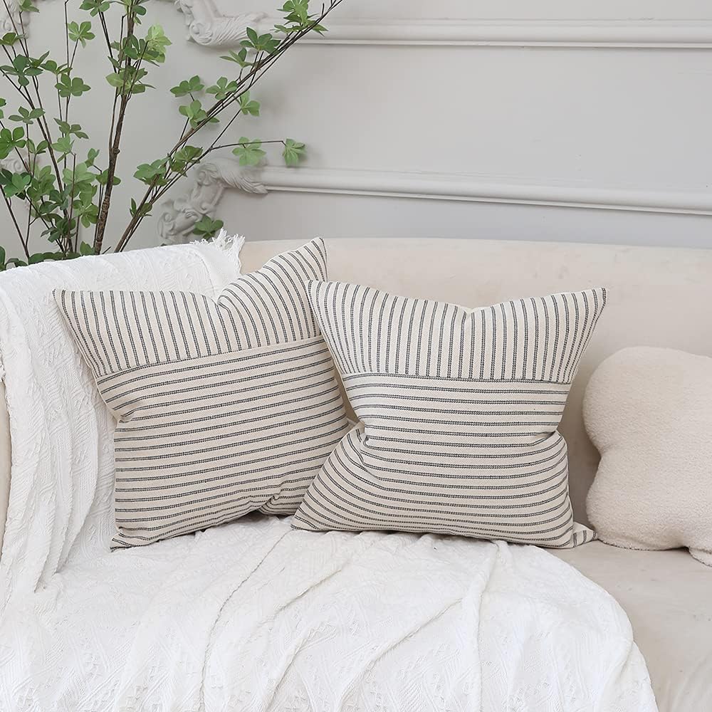 Hckot Grey and Beige Patchwork Farmhouse Throw Pillow Covers 18 x 18 Inch, Pack of 2 Striped Linen Decorative Pillow Case for Sofa Couch Chair Bedroom Modern Decor(Grey) : Home & Kitchen
