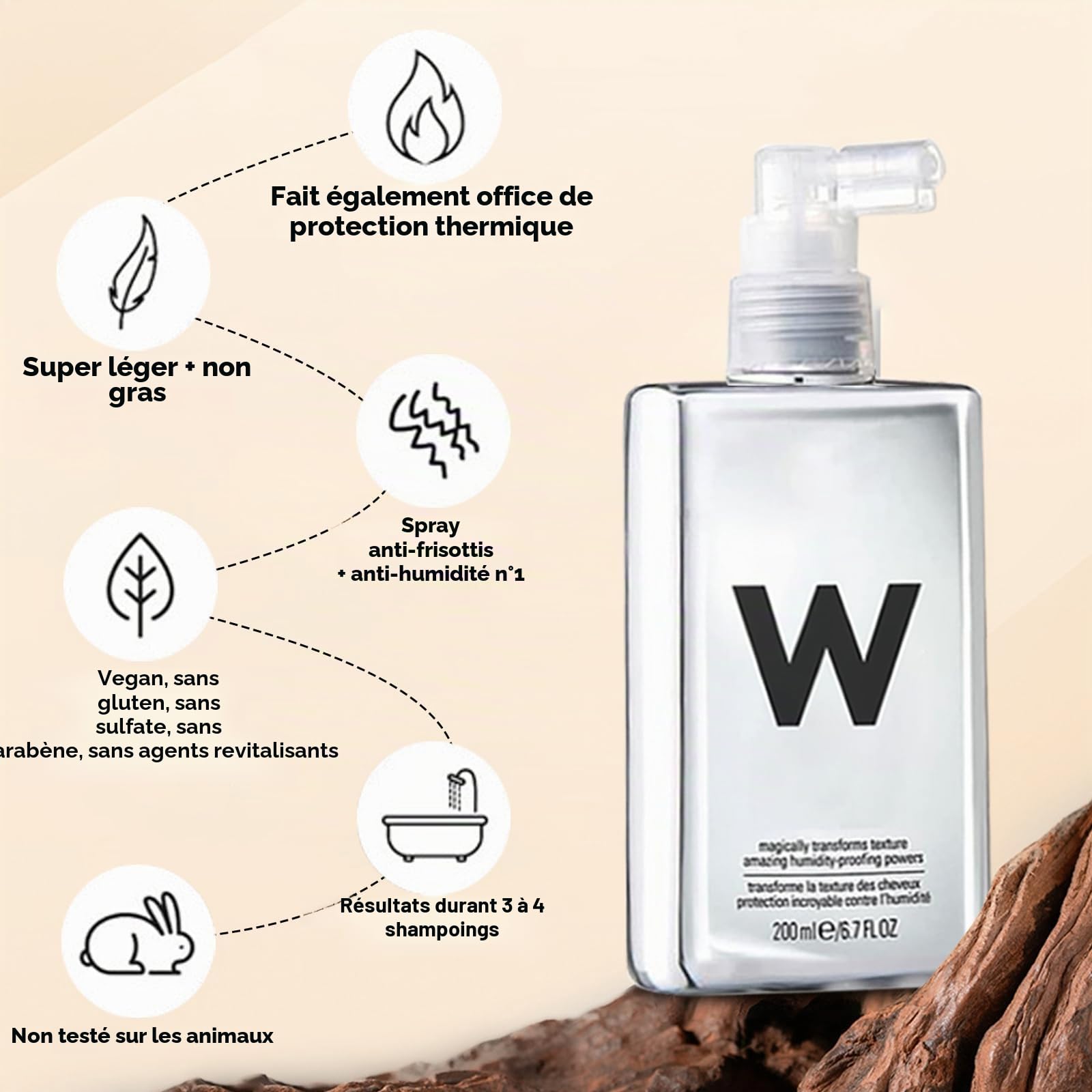Spray anti-frisottis pour tous les types de cheveux, cheveux super lisses, protection contre la chaleur, spray brillant pour cheveux souples, 200 ml
