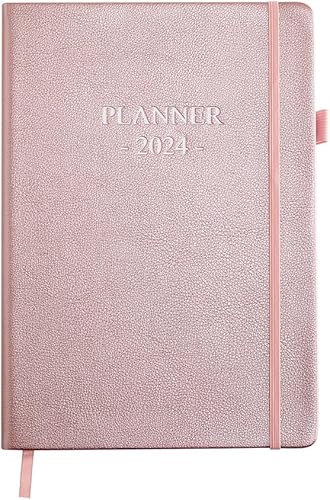 Agenda 2024  Agenda semanal con páginas mensuales, 7 x 10 pulgadas, tapa dura de cuero vegano, banda elástica y soporte para bolígrafo, rosa