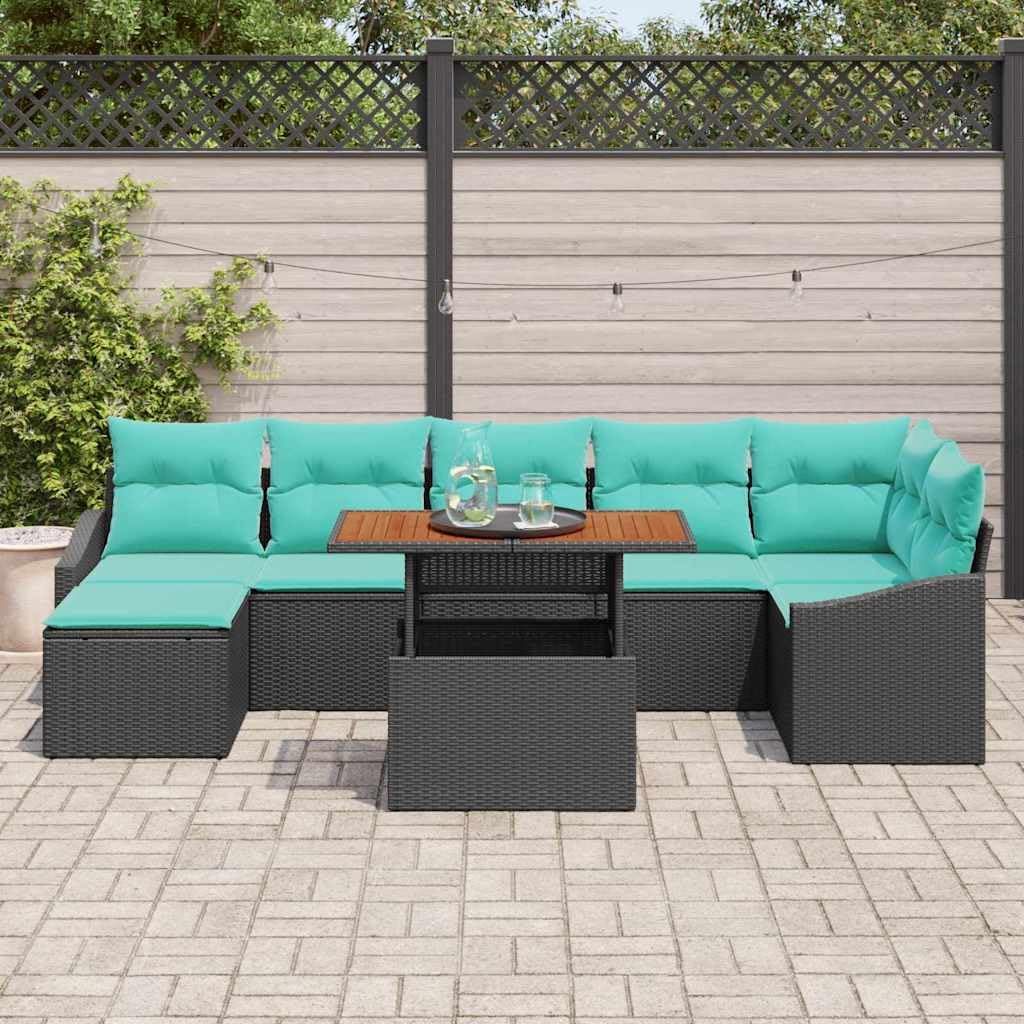 Set di mobili da giardino in polyrattan, 8 pezzi, colore nero e | Salotto modulare in rattan con tavolo in legno di acacia e spazio per riporre oggetti, per terrazza e giardino