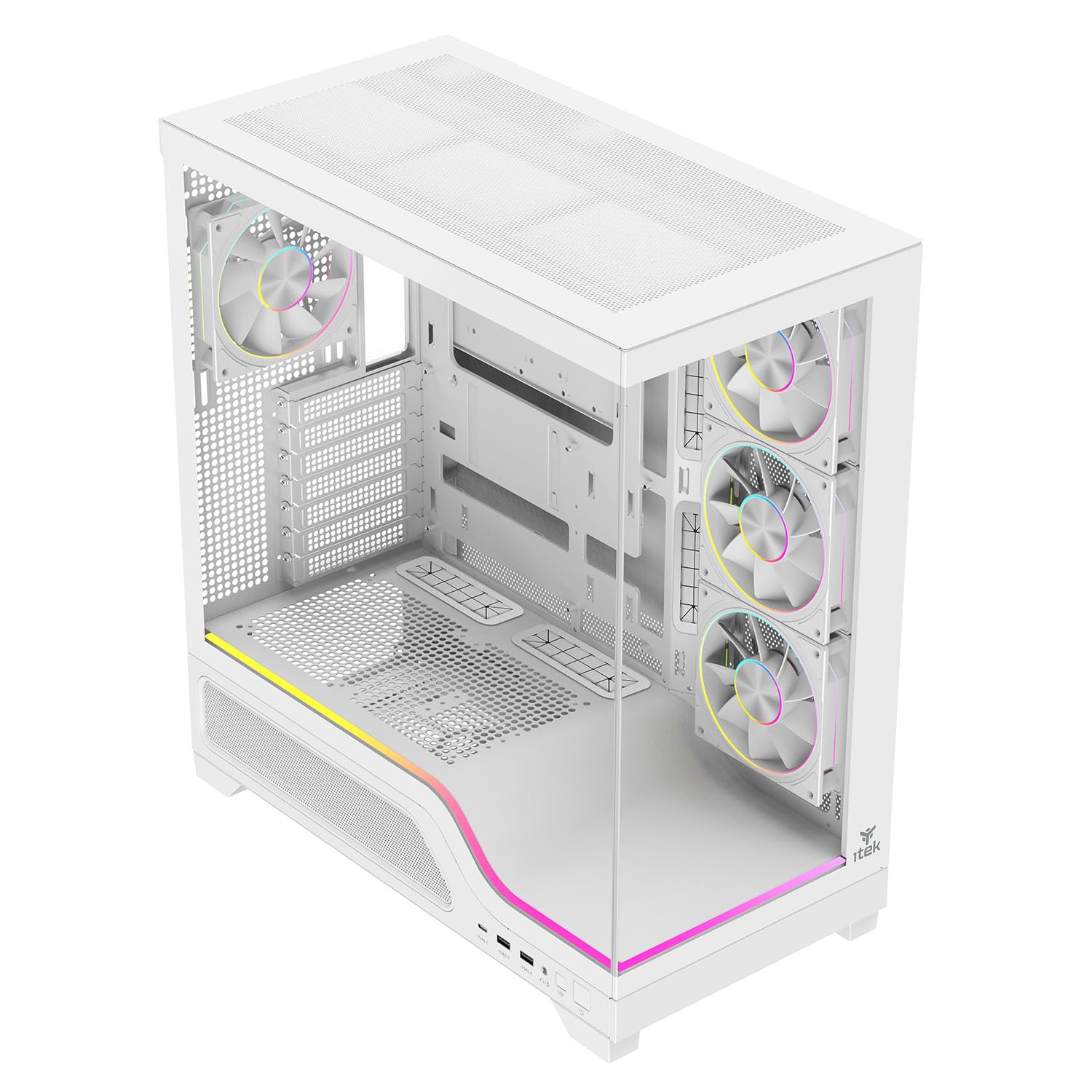 Itek Case Gaming SHOWBUI WAVE 82W - Tower ATX con 4 ventole ARGB 12 cm incluse - 2xUSB3, Type-C- paratia frontale e laterale in vetro temp scuro - Ed. Bianca