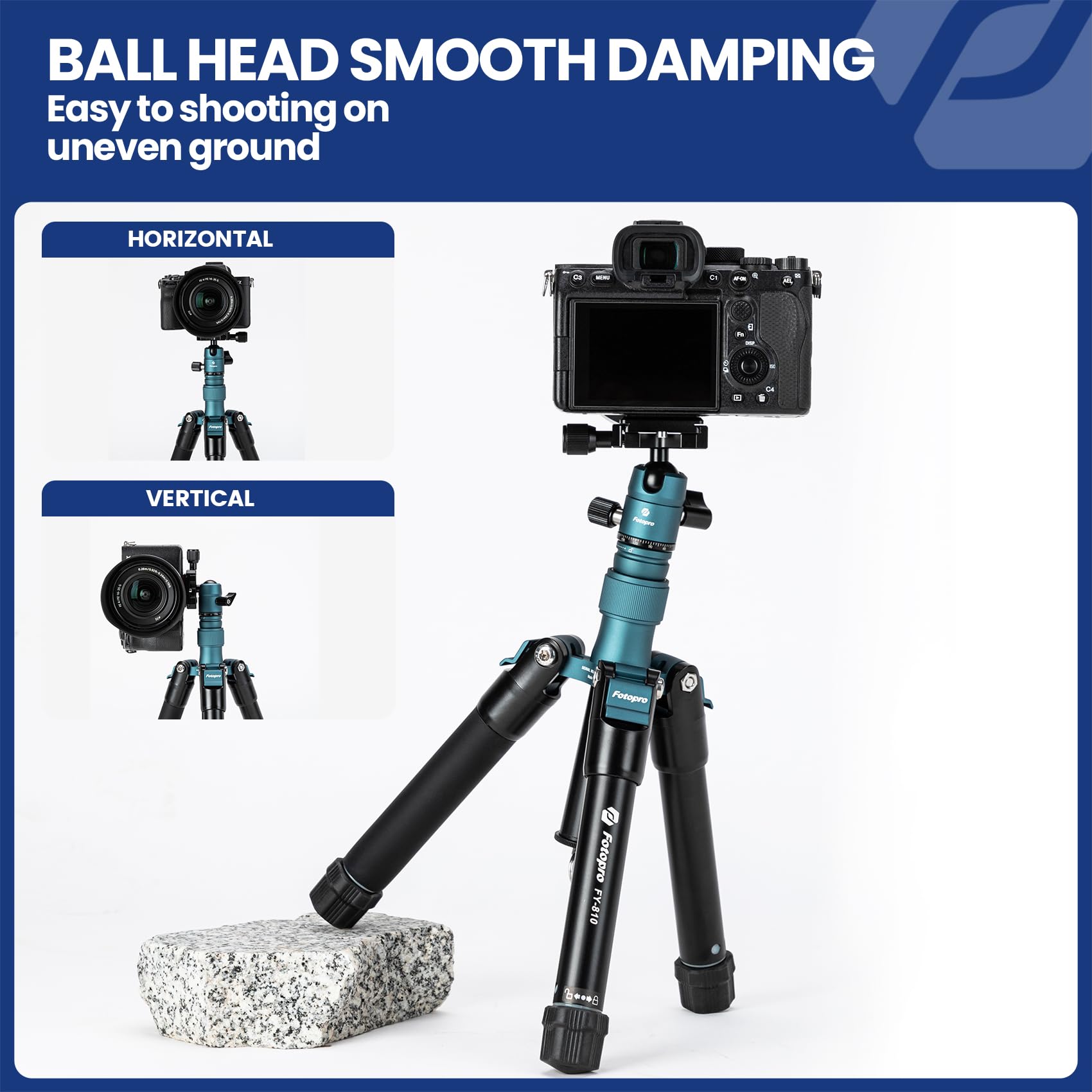 Fotopro Mini treppiede con testa a sfera, supporto per telefono, bastone per selfie staccabile, piegato solo 21,8 cm, carico massimo fino a 3 kg, FY-810, blu