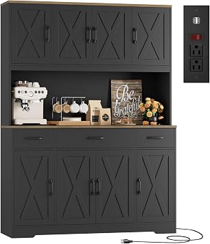 HOSTACK 71" Tall Kitchen Pantry Storage Cabinet, 55" W Kitchen Hutch, Black | Large Pantry Cabinet with Charging Station / Countertop / 3 Drawers, Farmhouse Hutch Cabinet with Storage for Dining Room