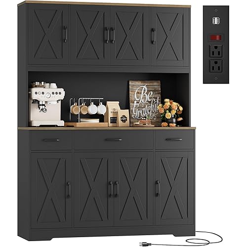 HOSTACK 71" Tall Pantry Cabinet with Charging Station, 55" Wide Kitchen Pantry Storage Cabinet with Countertop, Large Kitchen Hutch with Storage Drawers and Doors for Dining Room, Living Room, Black