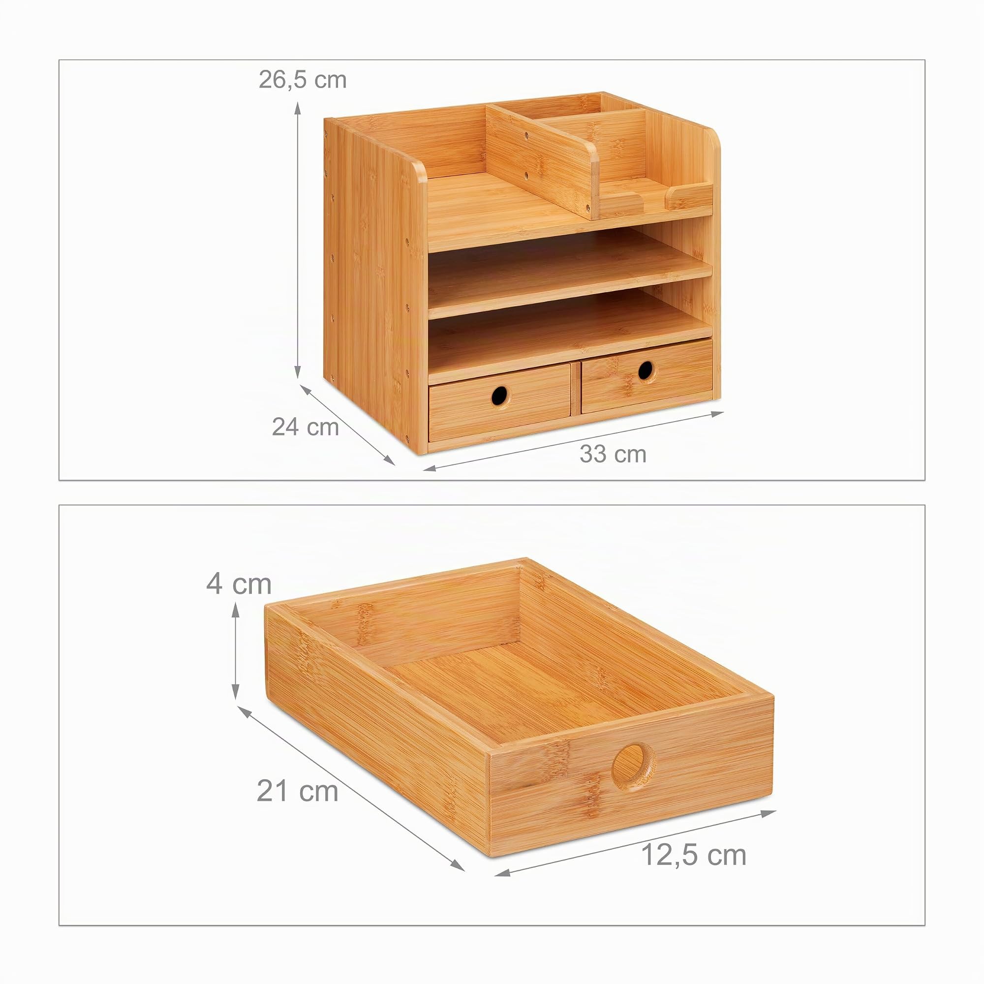Relaxdays Organizador Escritorio 2 Cajones, 5 Compartimentos, 26,5 x 33 x 24 cm, Cajonera Sobremesa Bambú, Color Natural, Tablero de Fibras, 26.5 x 33 x 24 cm