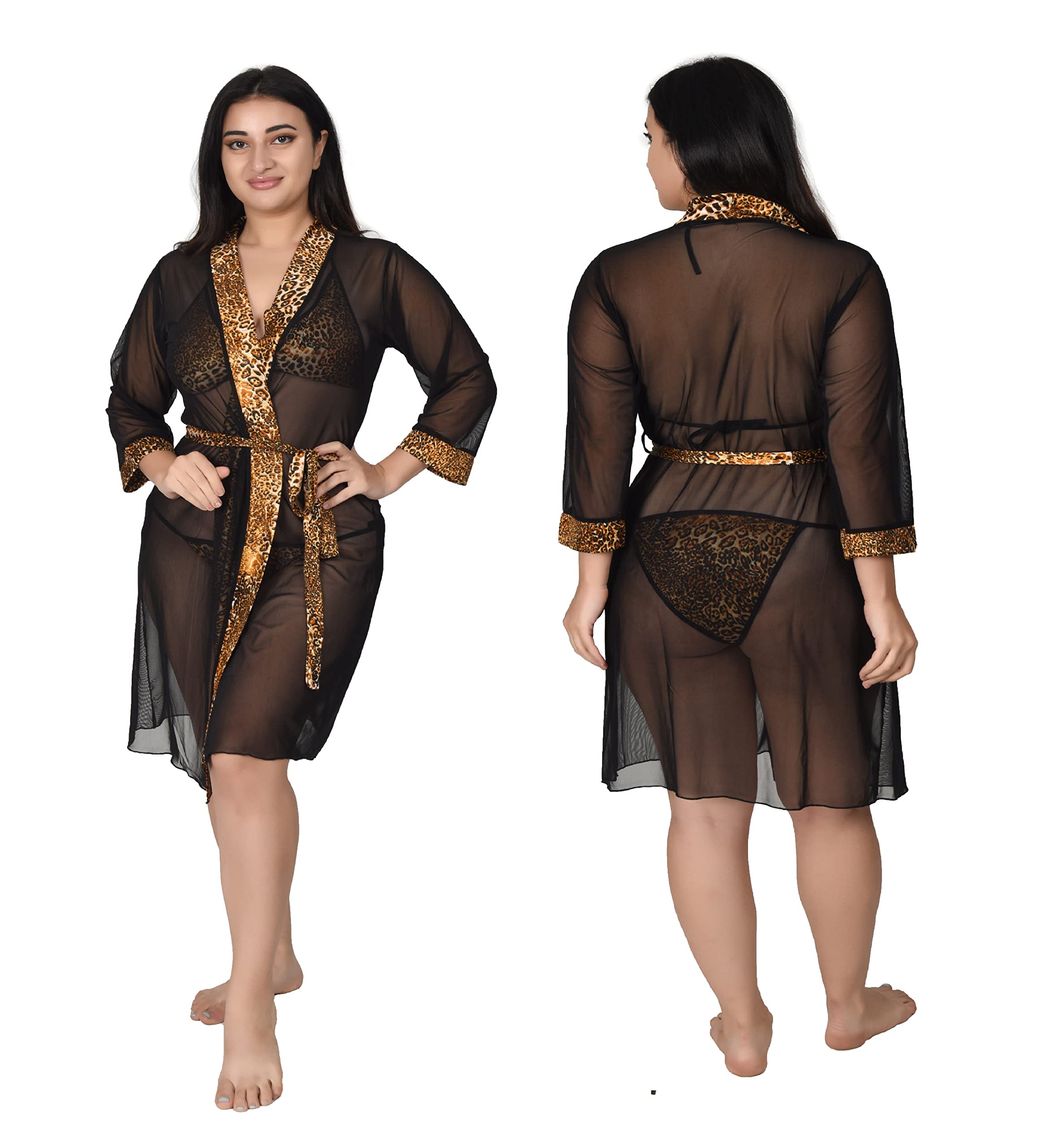 Women Net Leopard Printed Babydoll Robe with Lingerie Set | Sexy Nighties for Honeymoon | Women Robe Night Wear Set-image-25