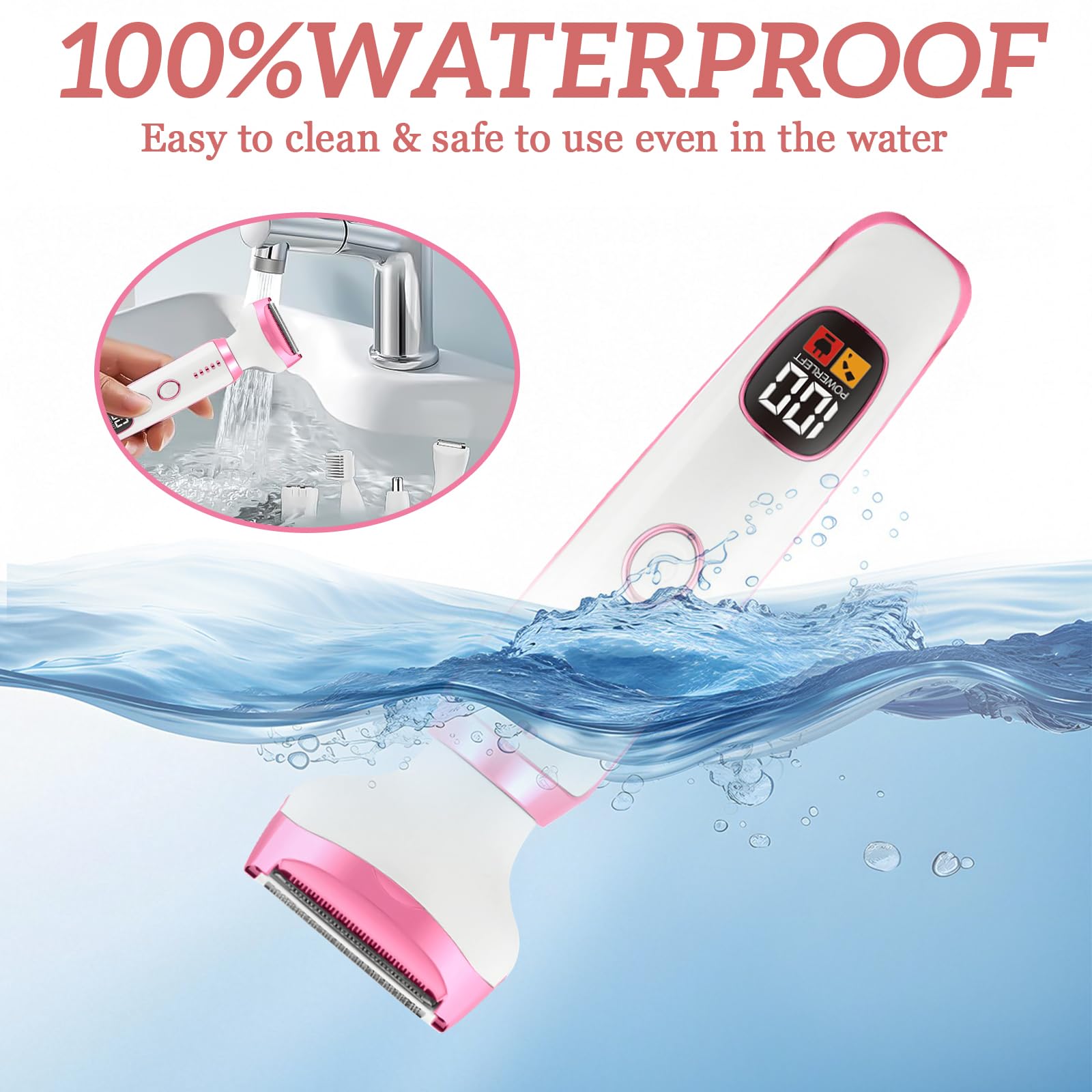 Rasoio Elettrico Donna, 5 in 1 Rasoio Elettrico Donna, Epilatore Intimo Donna, Utilizzo a Secco e Bagnato, per Bikini, Ascelle, Gambe, Sopracciglia e Naso, con Display LED, Ricarica USB