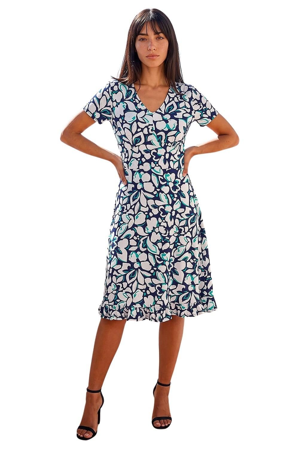 Roman - Women's Dress - Floral Frill Hem Stretch - Size 18 - Navy