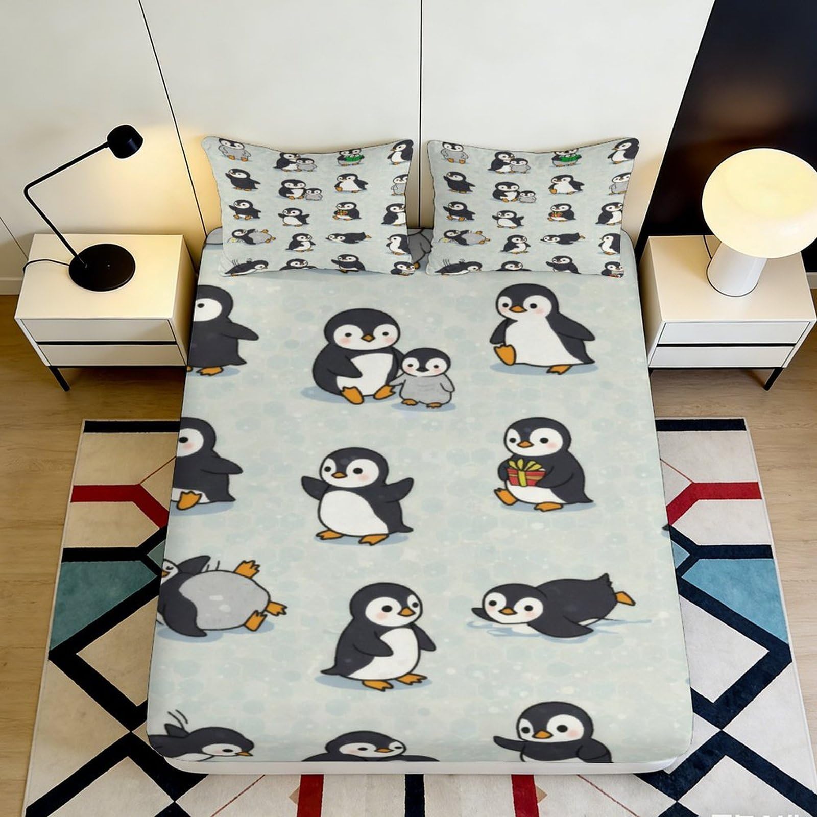 3D Printed Cute Penguin Fitted Sheet Microfiber Soft Bedroom Decor Animal Cartoon Mattress Cover for Adults Teens 90x200x25cm