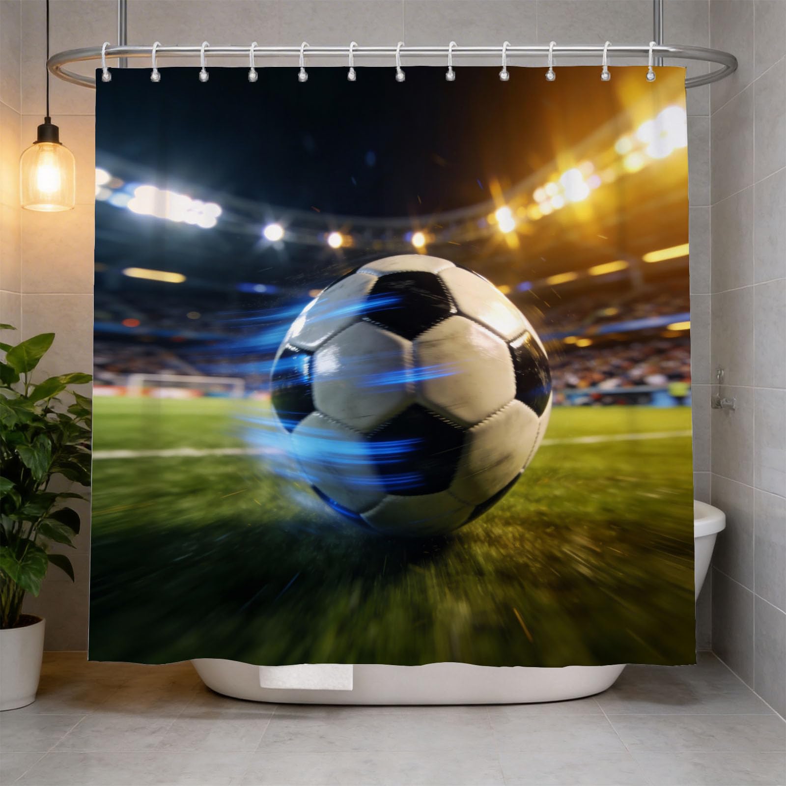 Hongduo 3D Football Shower Curtain for Stalls Bathtubs Teens Football Field Bathroom Decor Shower Curtain Set Polyester Fabric Waterproof 200x200cm/79X79 Inch with Hooks